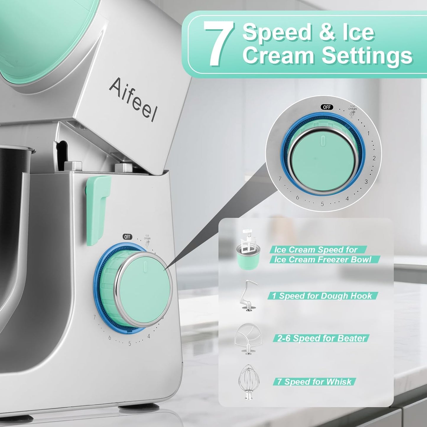 Aifeel Stand Mixer,6.5QT Kitchen Electric Mixer with 2QT Ice Cream Maker Bowl, 6 in 1 Multifunctional Bread Dough Mixer with Dough Hook,Whisk & Beater, Food Mixer for Baking (Green-Silver)