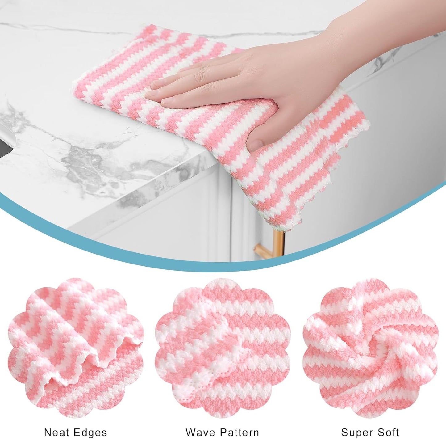 Homaxy Kitchen Towels(12 Pack, 10 x 20 inches), Ultra Soft and Absorbent Dish Towels, Reusable Fast Drying Microfiber Cleaning Cloth, Coral Velvet Wave Design No-lint, Pink