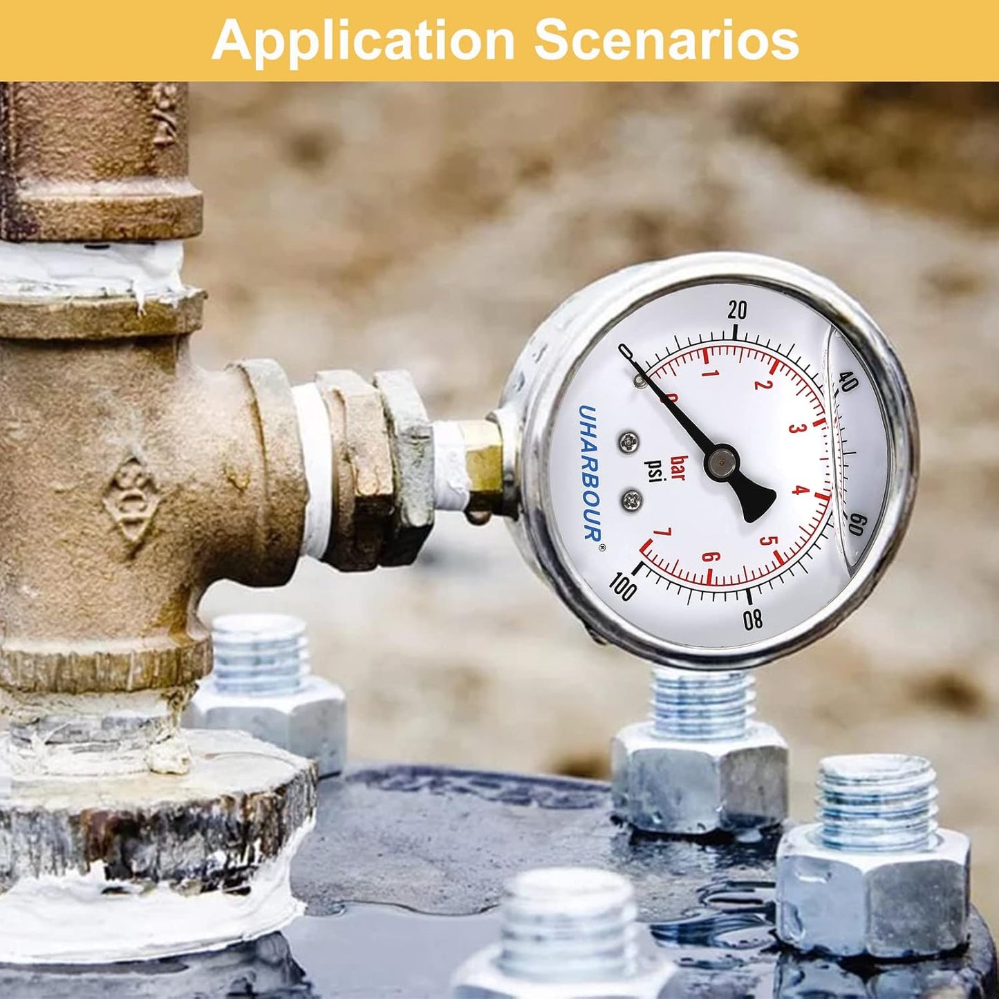 Water Pressure Gauge 2-1/2" Dial Liquid Filled 0-200PSI, Rubber Protective Case, 1/4" Brass Lower Mount, Including 1/4" to 1/8" Thread Adapter and Teflon Tape