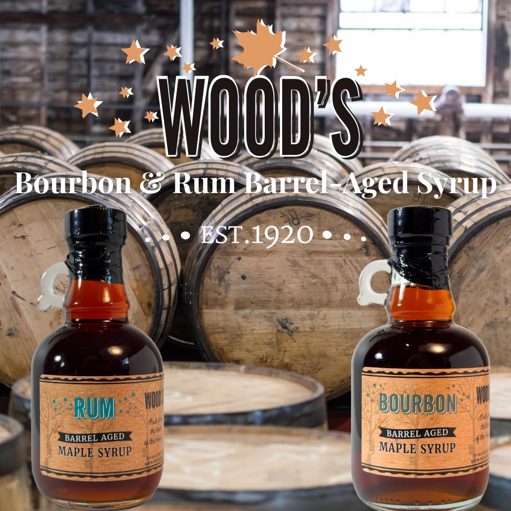 WOOD'S Vermont Bourbon Barrel Aged Maple Syrup – Premium Maple Syrup with Rich Flavor & Subtle Bourbon Notes – Ideal for Pancakes, Desserts, and Cocktails – 8.45 oz