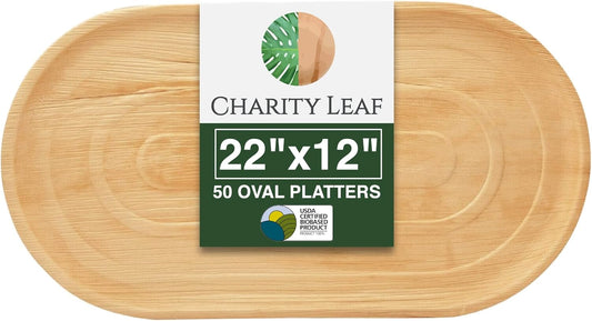 Charity Leaf 50-Pack 22"x12" Palm Leaf Trays | Eco-Friendly, Compostable Platters for Weddings, Charcuterie Boards & Events