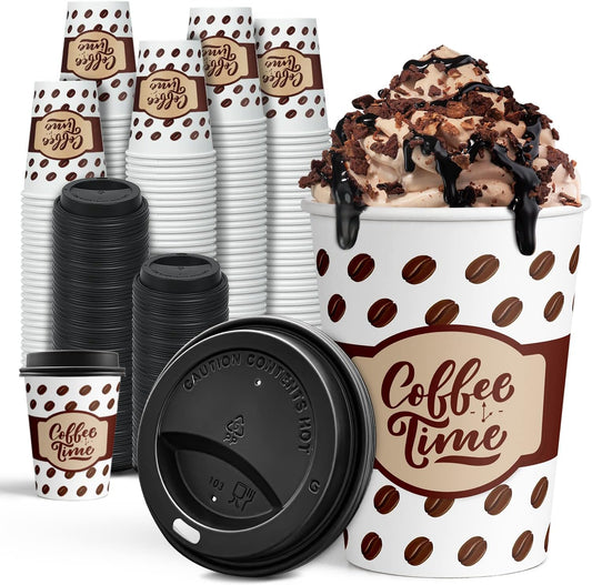 Ginkgo Coffee Cups with Lids 12 oz, 100 Pack Disposable To Go Coffee Cups for Cappuccino, Hot Beverages, Coffee, Cocoa, Chocolate - Coffee Time