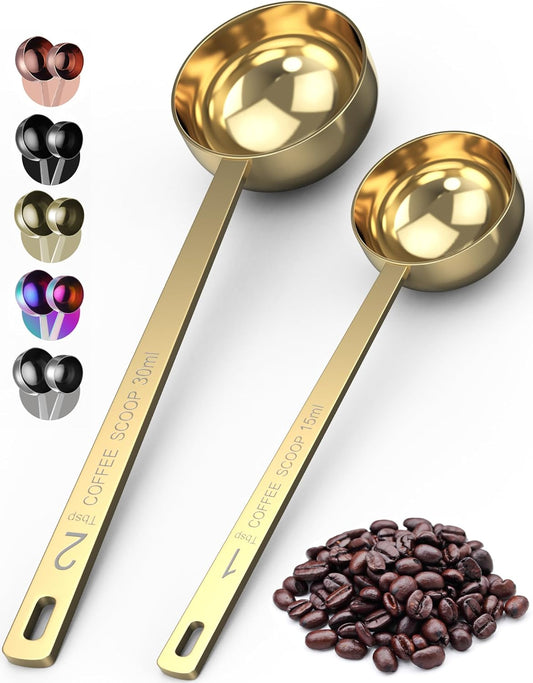 Orblue Premium Coffee Scoop Set - 1 Tbsp (15ml) & 2 Tbsp (30ml) Measuring Tablespoon - Stainless Steel Coffee Measuring Spoon and Scooper with Long Handles - Pack of 2 - Gold