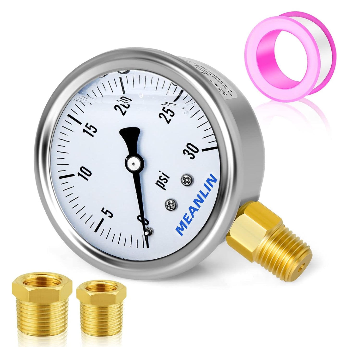 MEANLIN MEASURE 0~30Psi Stainless Steel 1/4" NPT 2.5" Single Scale FACE DIAL,Glycerin Filled Pressure Gauge, WOG Water Oil Air Lower Mount, with 1/4" x 1/2" NPT and 1/4" x 3/8" NPT Hex Bushing