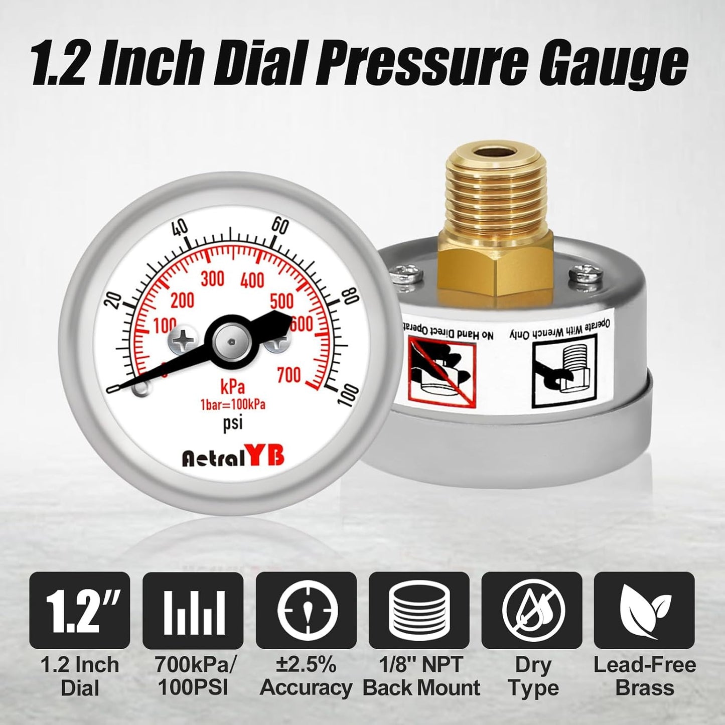 100Psi/700Kpa Mini Pressure Gauge,Stainless Steel Housing,Brass Internal,1.2 Inch Dial,NPT 1/8" Back Mount,Dry Type, Lead-Free Material,for Air,Water,Oil Pressure Test