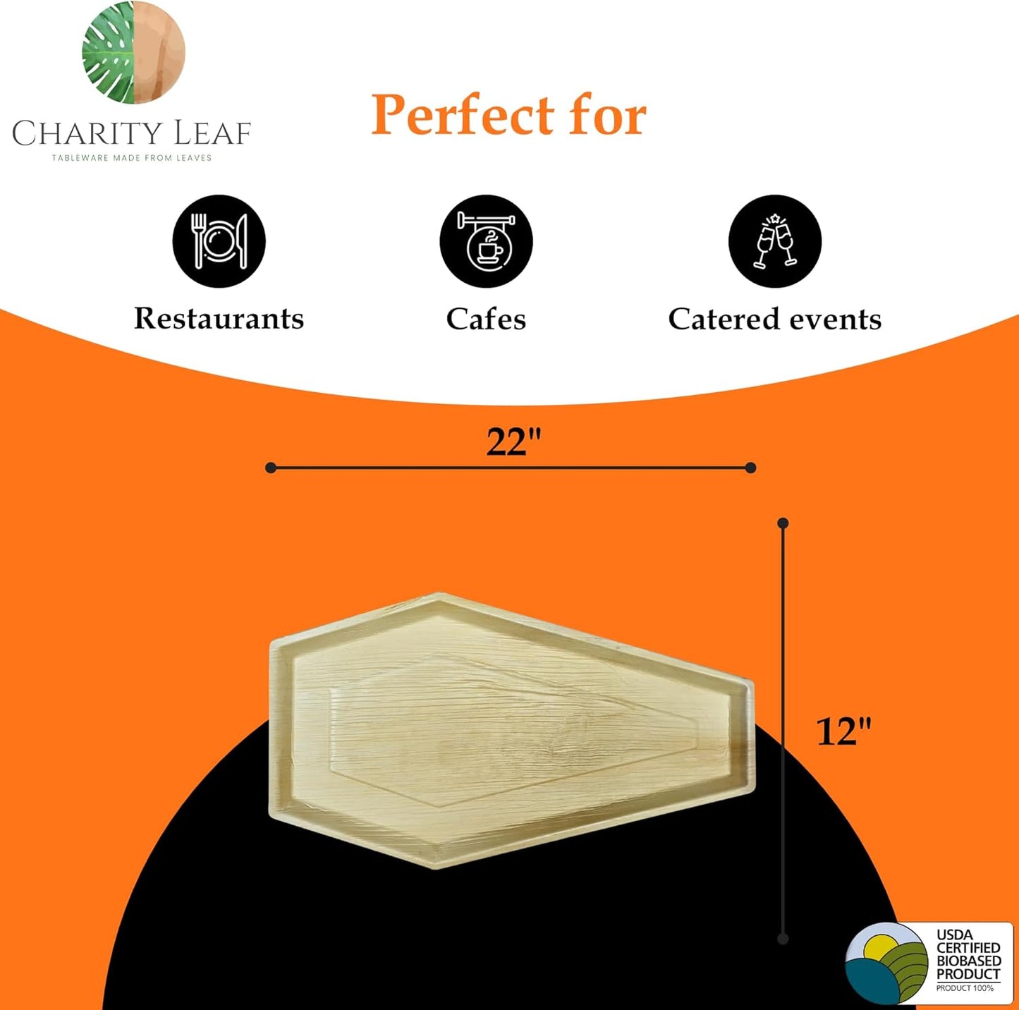 Charity Leaf Disposable Palm Leaf 22"x12" Coffin Trays (25 Pieces) Bamboo Like Serving Platters, Disposable Boards, Eco-Friendly Dinnerware for Christmas, Weddings, Catering, Events