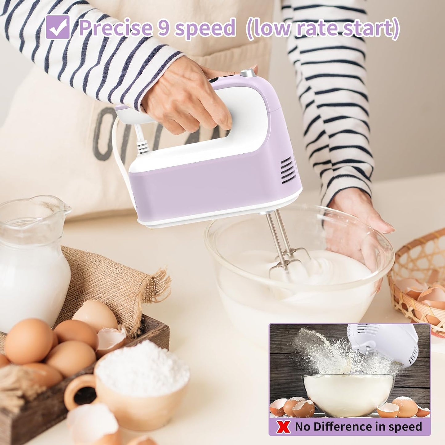 9-Speed Digital Hand Mixer Electric, 400W DC Motor, Hand Mixer electric Handheld with Snap-On Storage Case, Touch Button, Turbo Boost, 5x Stainless Steel Accessories (Lilac Purple)