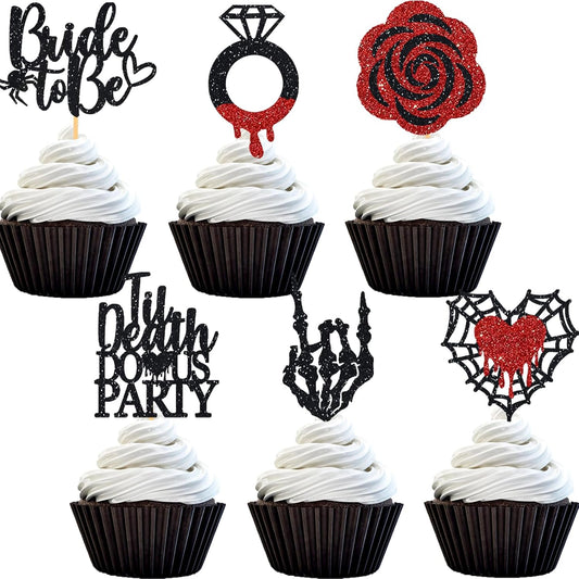 Halloween Bachelorette Cupcake Topper Bride To Be Ring Skeleton Hand Heart Blood Glitter Food Picks Horror Ghost Engagement Party Decoration Red