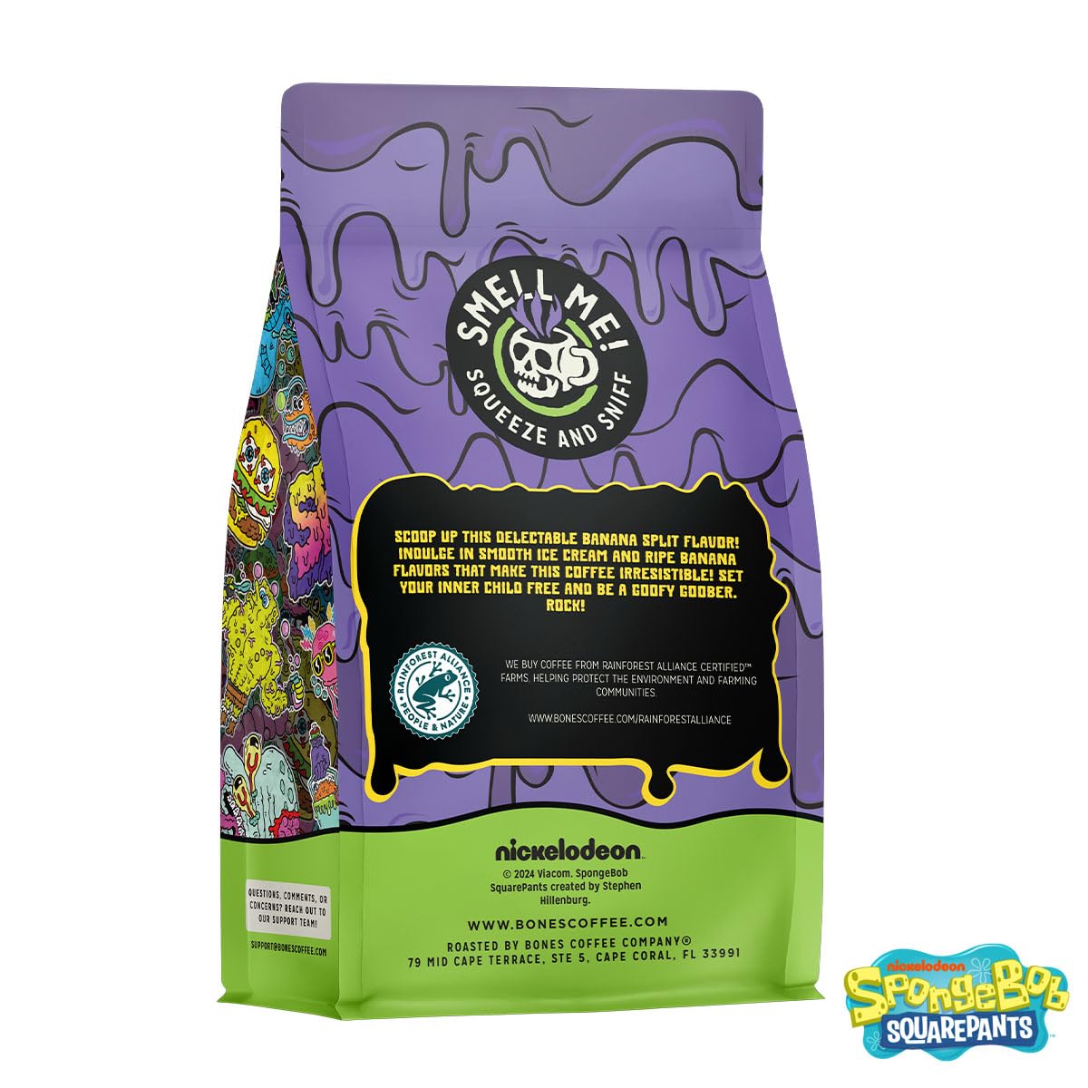 Bones Coffee Company Spongebob Goofy Goober Sundae, Banana Split Flavored Coffee, Medium Roast Low Acid Arabica Beans Compatible with Auto drip and French Press Coffee Maker, 12 Oz Ground