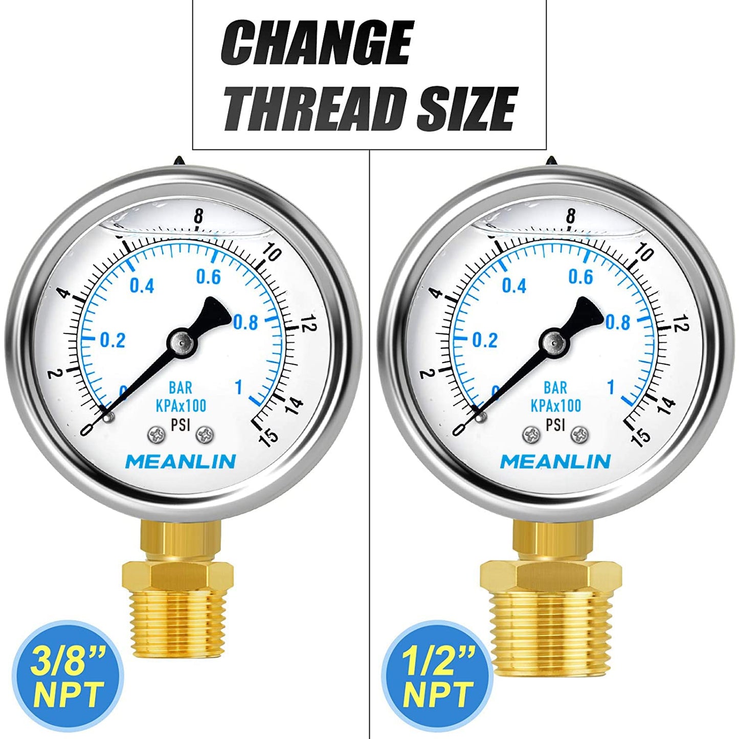 MEANLIN MEASURE 0~15Psi Stainless Steel 1/4" NPT 2.5" FACE DIAL Liquid Filled Pressure Gauge WOG Water Oil Lower Mount, with 1/4" x 1/2" NPT and 1/4" x 3/8" NPT Hex Bushing