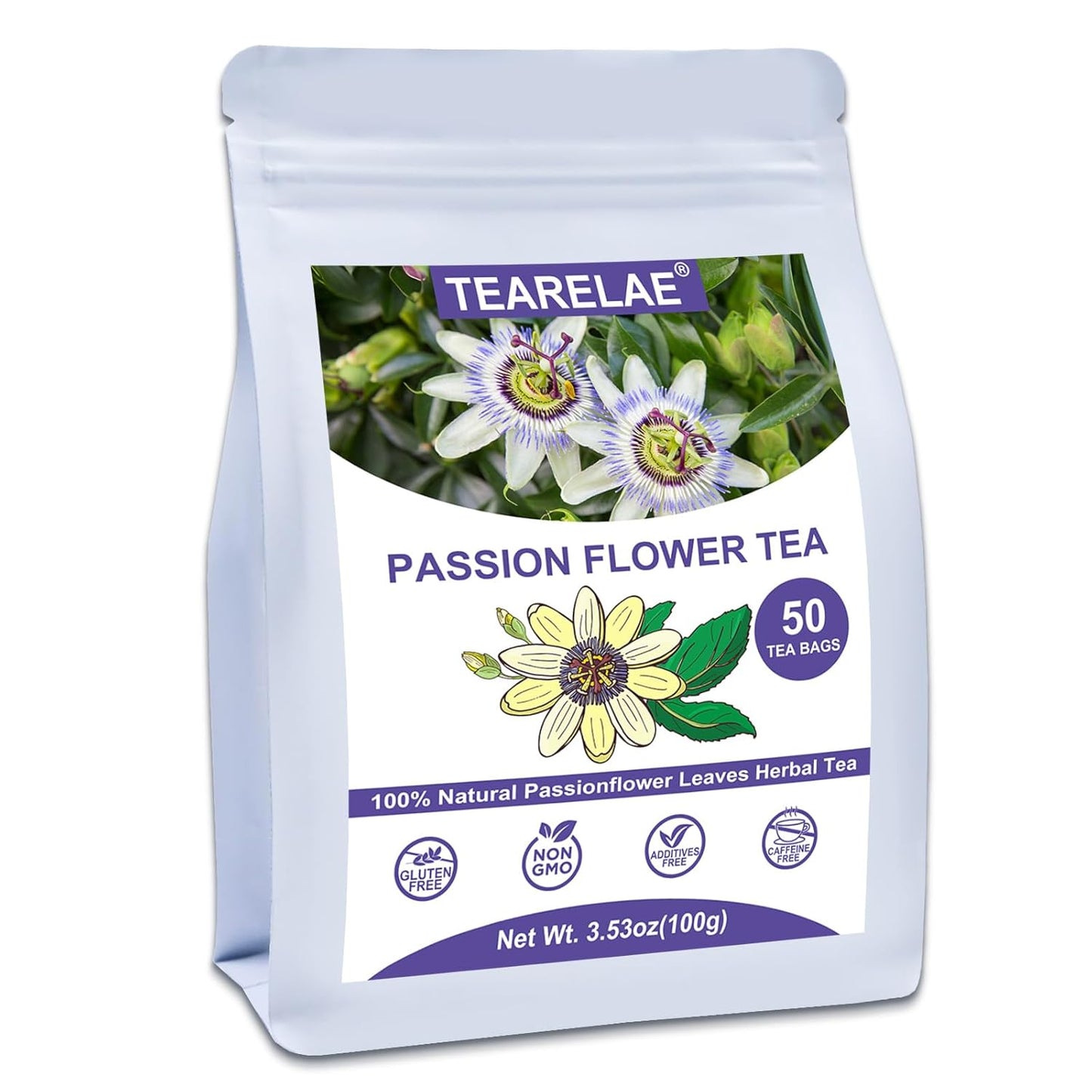 TEARELAE - Passion Flower Tea, 50 Count - Pure Passionflowers Leaves Tea Bags - Pasiflora Tea for Relaxation & Sleep- Non-GMO - Caffeine-Free