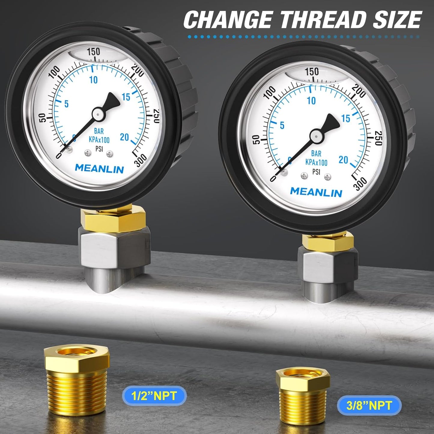 MEANLIN MEASURE 0~300Psi Stainless Steel 1/4" NPT 2.5" FACE DIAL Liquid Filled Pressure Gauge, Lower Mount (with Rubber Protective Sleeve), with 1/2" NPT and 3/8" NPT Hex Bushing
