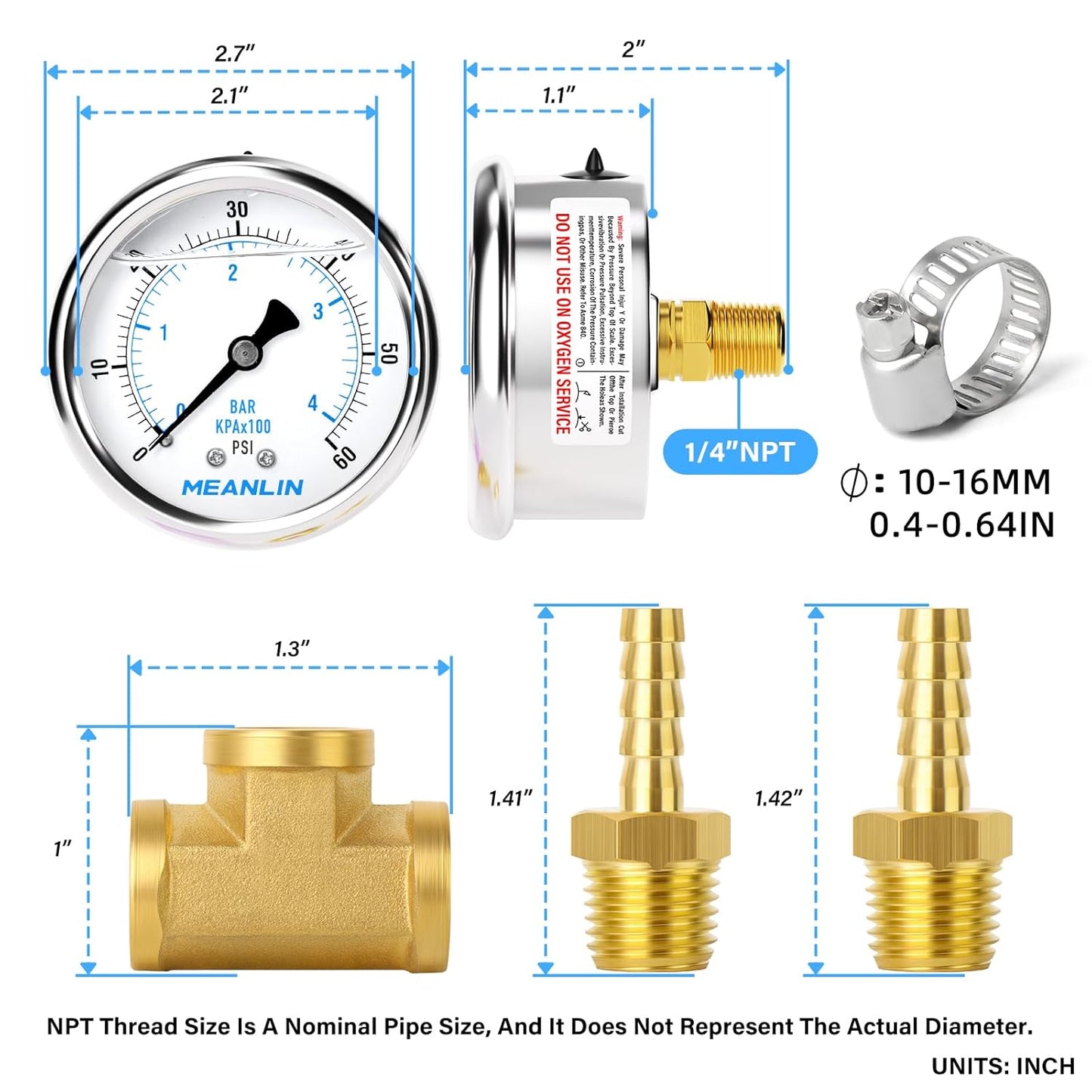 MEANLIN MEASURE 0-60Psi Stainless Steel Liquid Filled Pressure Gauge 1/4" NPT 2.5" FACE DIAL, with 1/4" 5/16" Barbed, WOG Water Oil Air (9Pieces KIT, Back Mount)