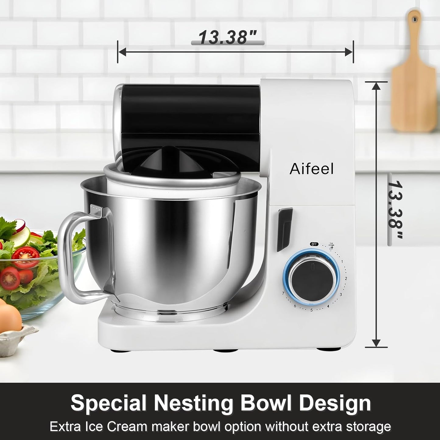Aifeel Stand Mixer,6.5QT Kitchen Electric Mixer with 2QT Ice Cream Maker Bowl, 6 in 1 Multifunctional Bread Dough Mixer with Dough Hook,Whisk & Beater, Food Mixer for Baking (Black-White)
