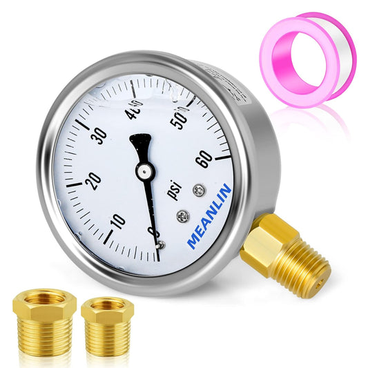 MEANLIN MEASURE 0~60Psi Stainless Steel 1/4" NPT 2.5" Single Scale FACE DIAL, Glycerin Filled Pressure Gauge, Pool Sand Filter, Lower Mount, with 1/2" NPT and 3/8" NPT Hex Bushing