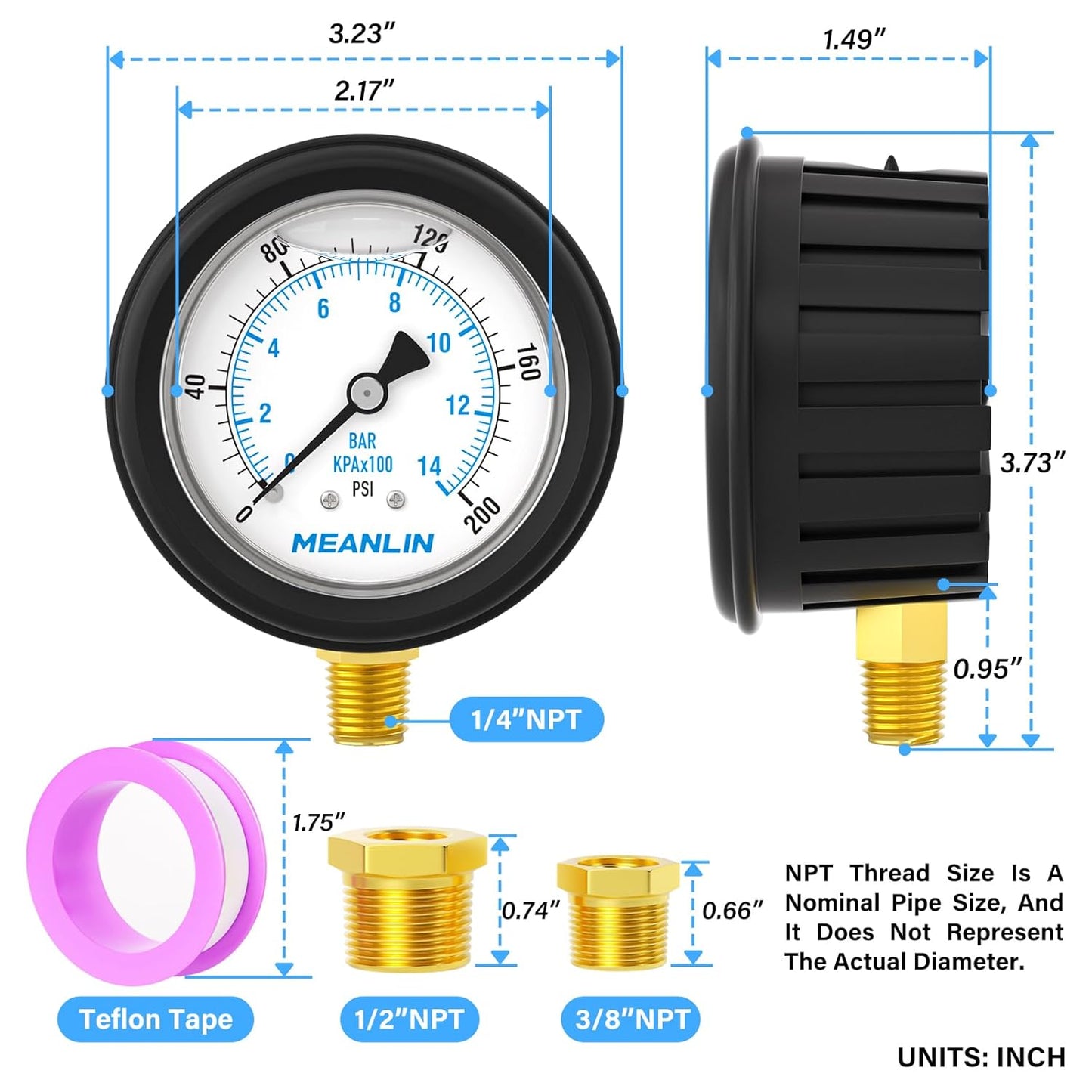 MEANLIN MEASURE 0~200Psi Stainless Steel 1/4" NPT 2.5" FACE DIAL Liquid Filled Pressure Gauge, Lower Mount (with Rubber Protective Sleeve), with 1/2" NPT and 3/8" NPT Hex Bushing