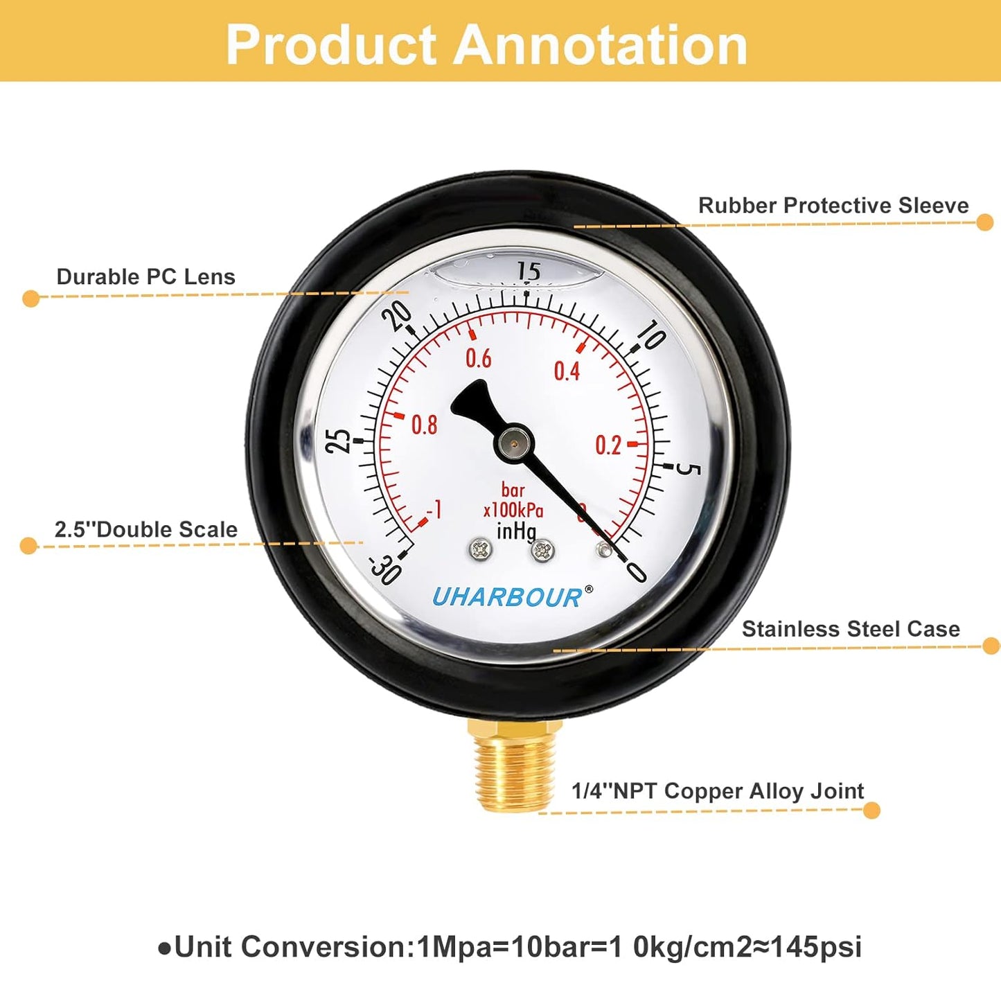 Vacuum Gauge 2-1/2" Dial Liquid Filled -30 inhg/0, Rubber Protective Case, 1/4" Brass Lower Mount, Including 1/4" to 1/8" Thread Adapter and Teflon Tape