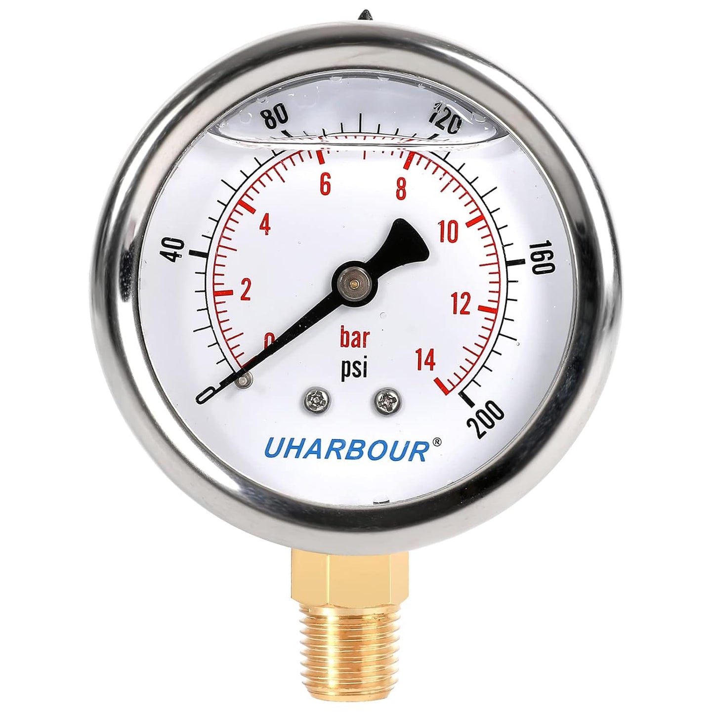 Glycerin Filled Pressure Gauge 200psi/14bar, Stainless Steel case, Brass Inside Construction, 2-1/2" dial, 1/4" NPT Rear Connection.