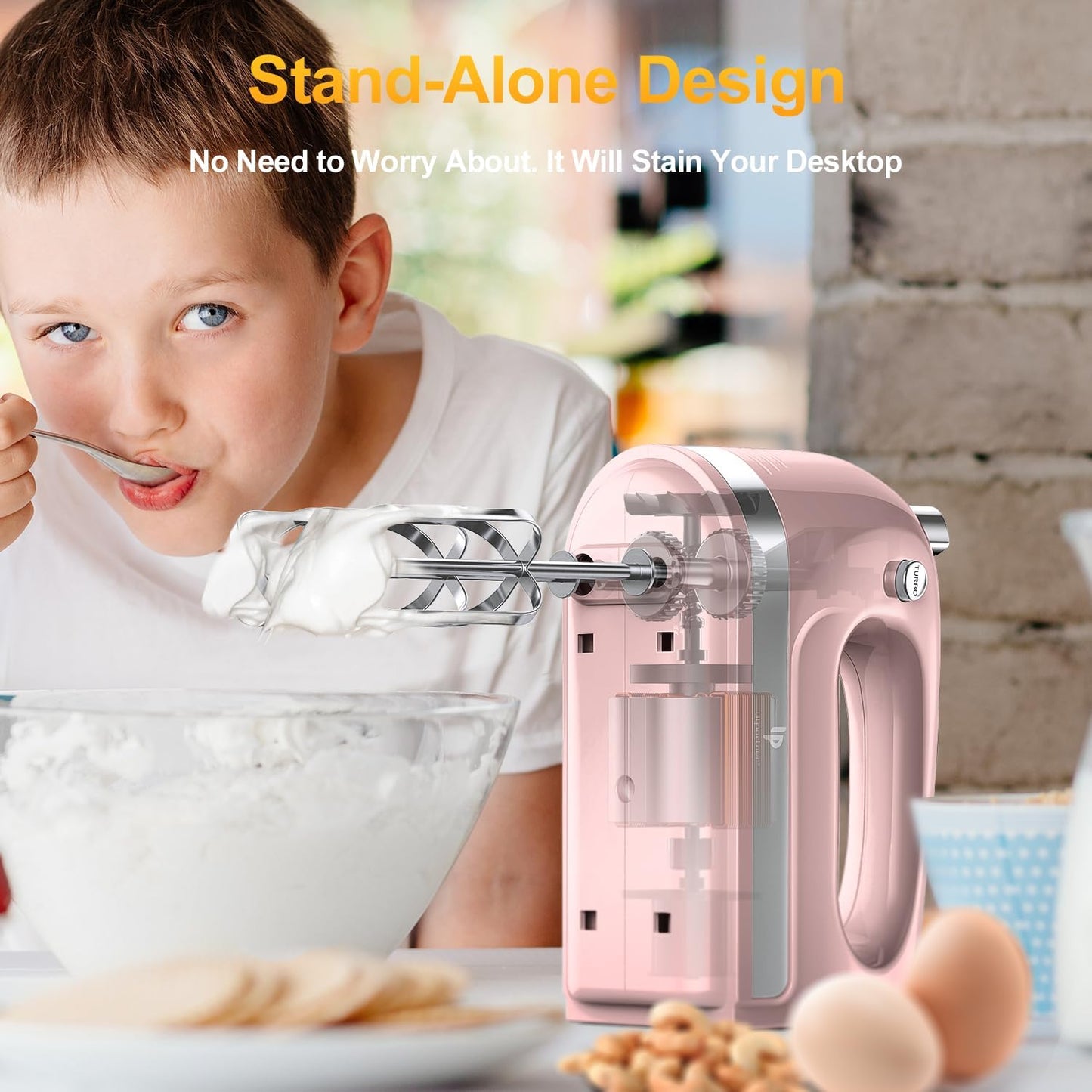 Hand Mixer Electric, 400W Food Mixer 5 Speeds Handheld Blender, 5 Stainless Steel Accessories, Storage Box, Kitchen Blender with Cord for Cream, Cookies, Dishwasher Safe, Pink