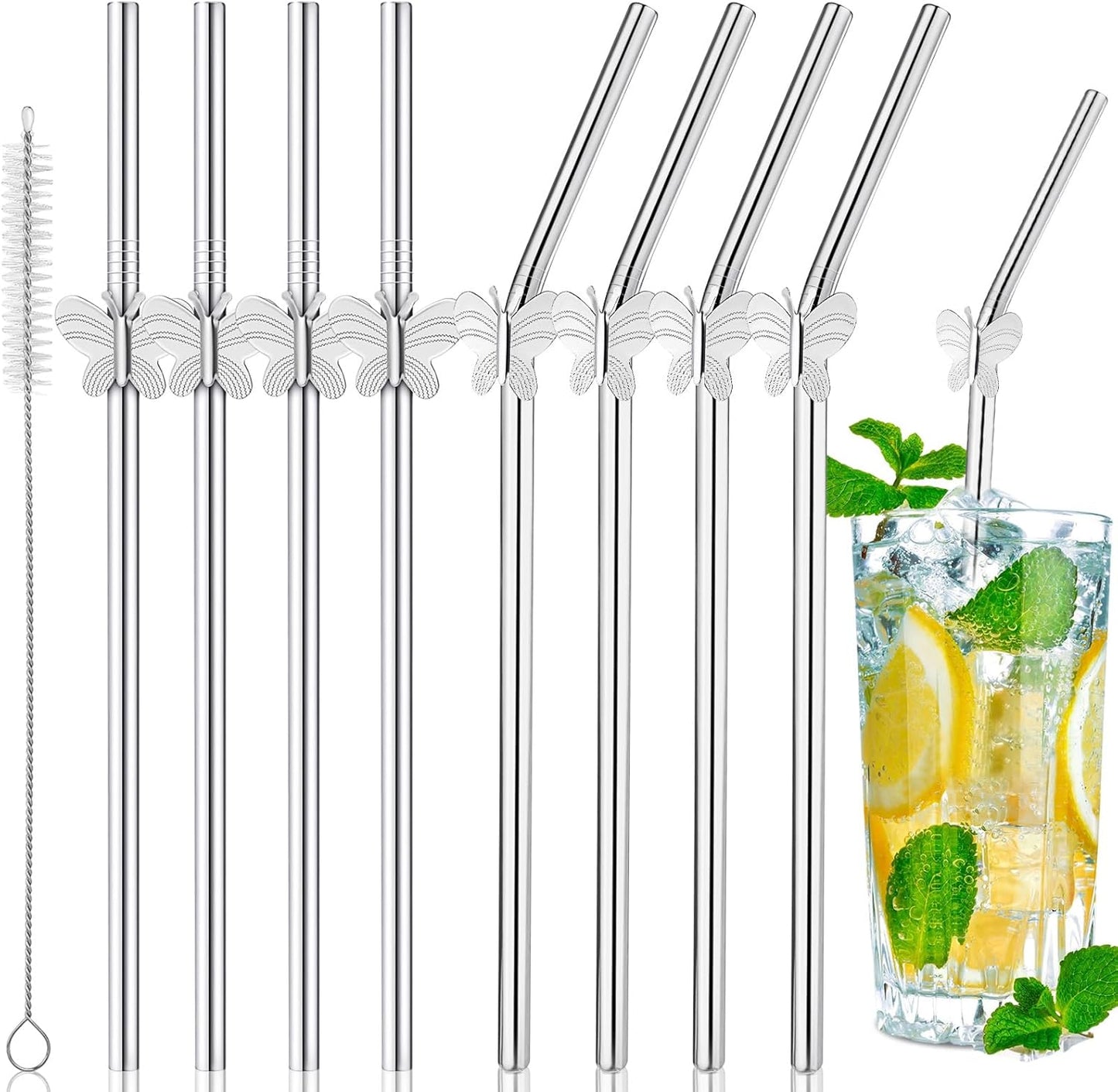 8 Pack 8" Reusable Stainless Steel Metal Straws, 4 Straight + 4 Bent Metal Drinking Straws for Tumblers Beverage Drink with Butterfly Charms and 1 Cleaning Brush