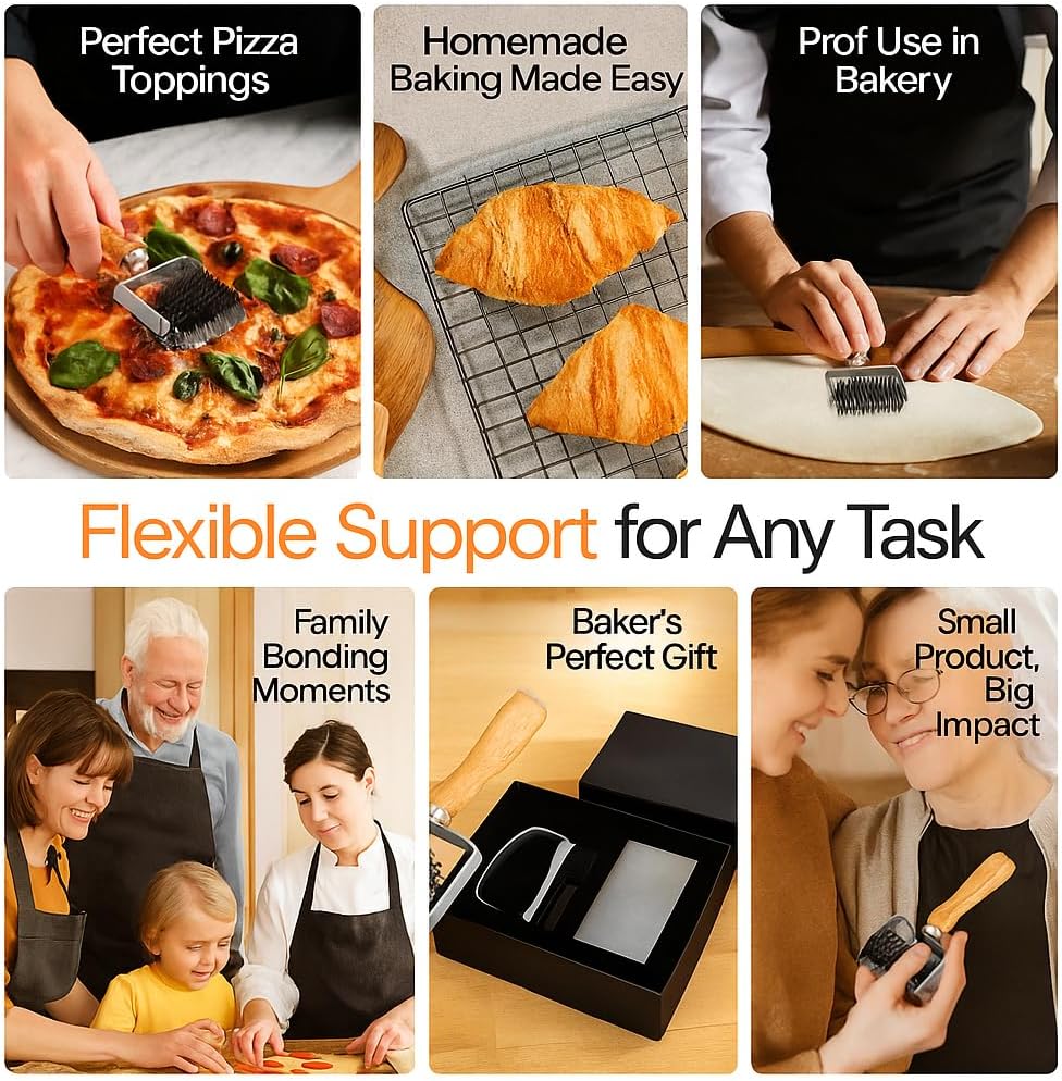 4 PCS Lattice cutter pastry tool roller with bench scraper and pizza cutter – stainless steel wood handle for pie top crust rolling, puff pastry, sourdough, bread, kitchen tools