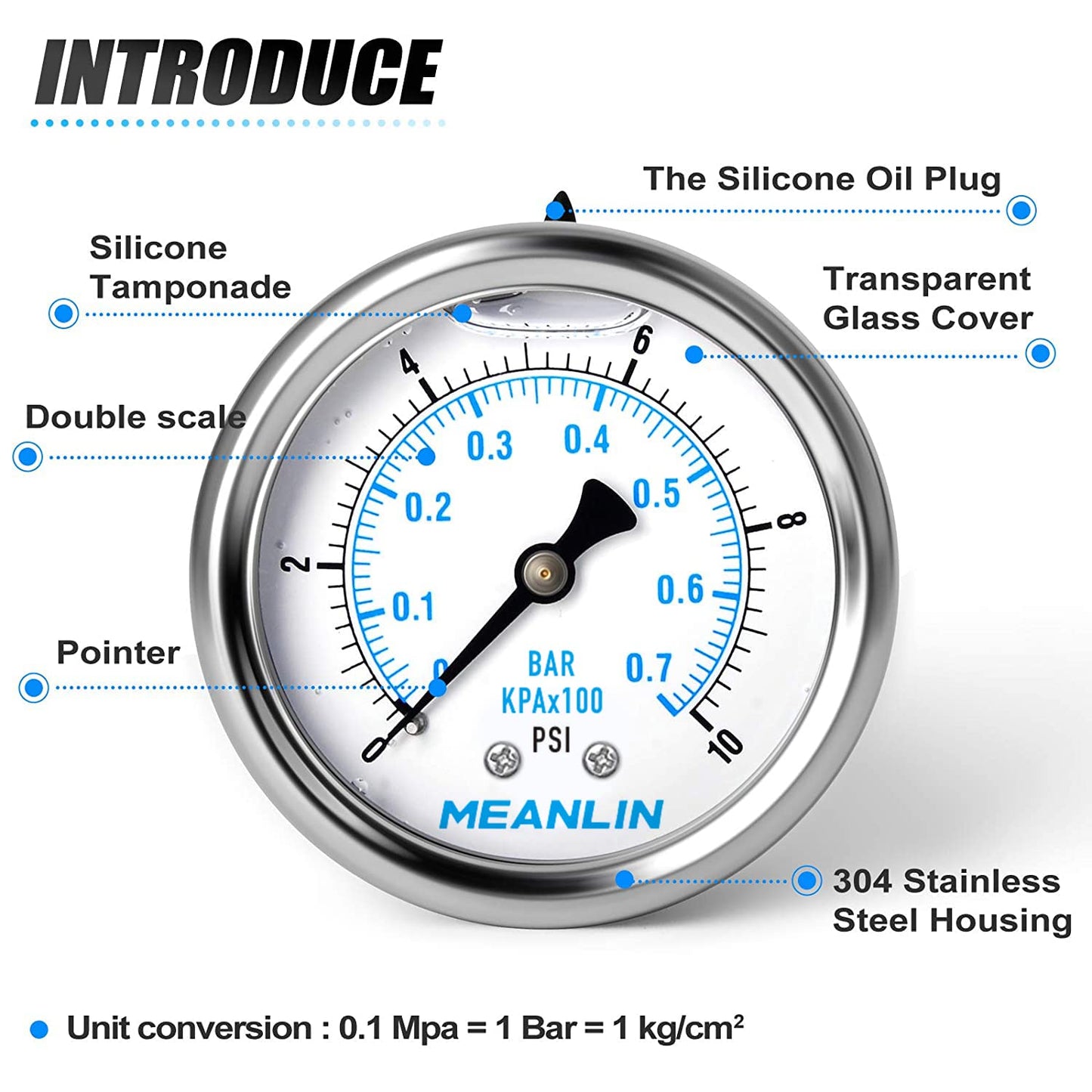 MEANLIN MEASURE 0~10Psi Stainless Steel 1/4" NPT 2.5" FACE DIAL Liquid Filled Pressure Gauge WOG Water Oil Air Center Back Mount, with 1/2" NPT and 3/8" NPT Hex Bushing