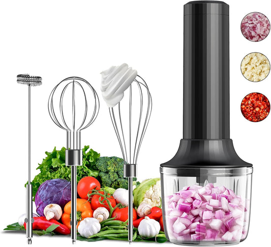 Electric Hand Mixer with MixgoII, Handheld Mixer Electric Whisk, Rechargeable Cordless Handheld Mixer & Milk Frother, Small Food Chopper for Dicing, Mincing, and Puree, 4-Speed, 10Oz