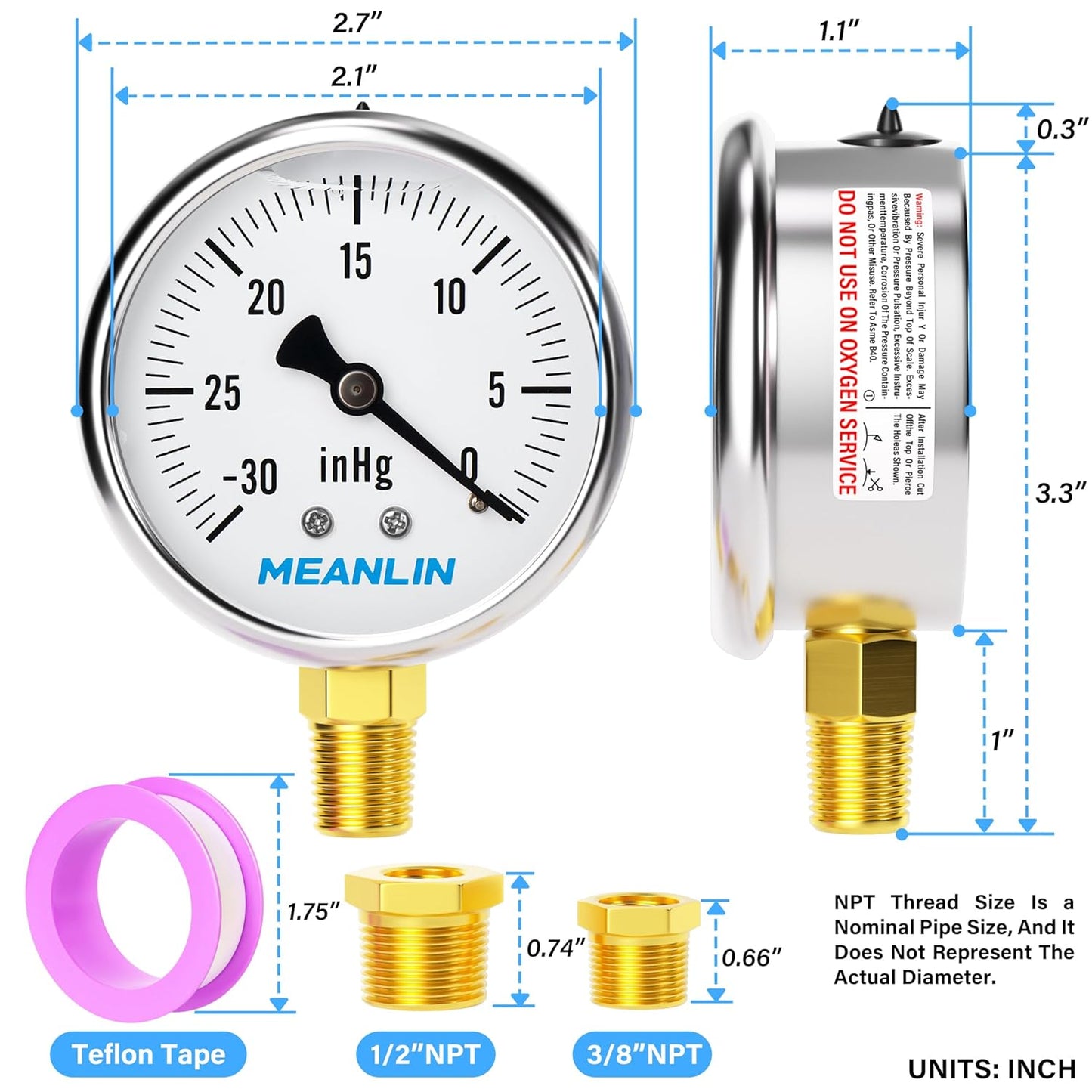 MEANLIN MEASURE -30~0Psi Stainless Steel 1/4" NPT 2.5" FACE DIAL,Vacuum Liquid Filled Pressure Gauge,Single Scale, WOG Water Oil Air Lower Mount, with 1/4" x 1/2" NPT and 1/4" x 3/8" NPT Hex Bushing