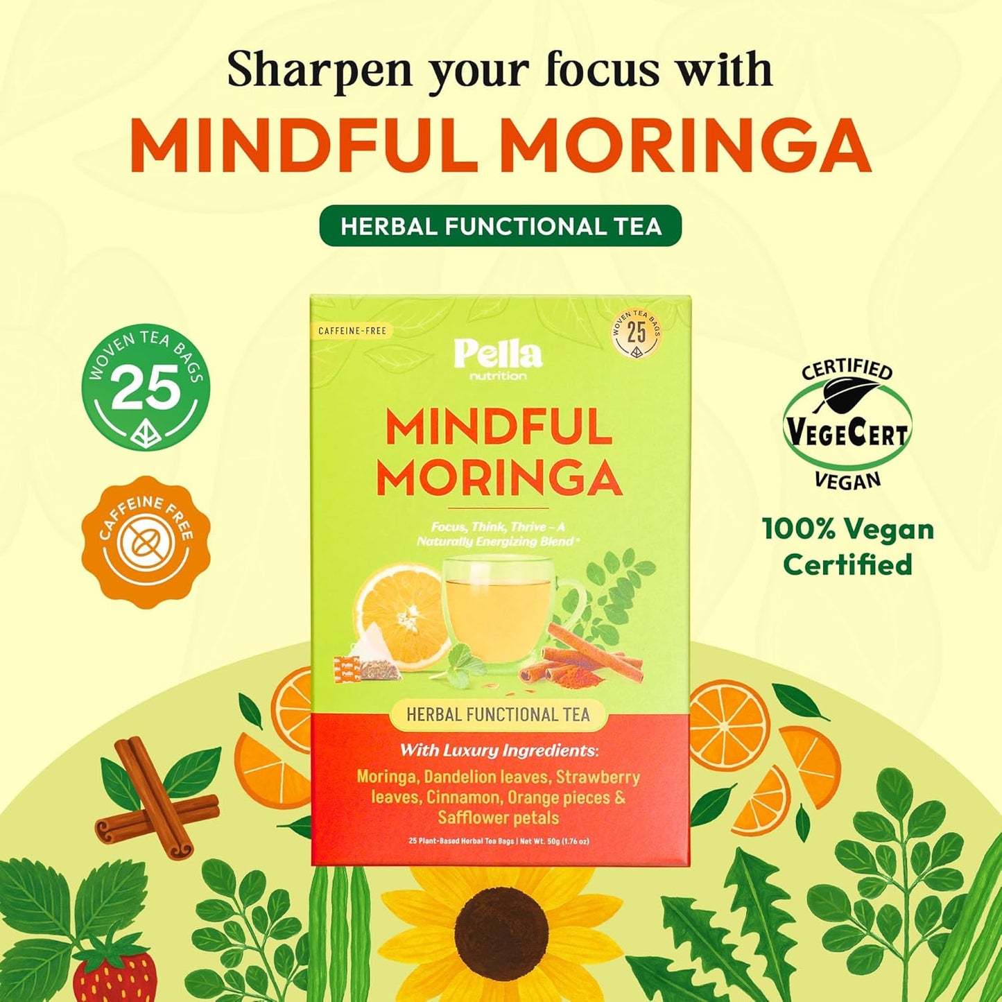 Moringa and Dandelion Tea – With Orange, Cinnamon, Strawberry, and Safflower Petals – Gluten-Free, Vegan, Kosher – Caffeine-Free, Healthy Energy Drink – Herbal Blend for Focus & Wellness (25 Tea Bags)