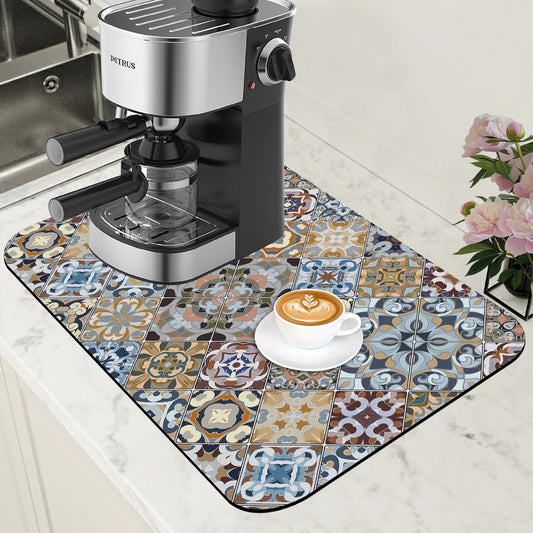Retro Colorful Tiles Dish Drying Mat for Kitchen Counter Floral Coffee Mat Hide Stain Absorbent Drying Rack Pad with Rubber Backed Espresso Machine Coffee Bar Accessories 11.8 x 19.7 Inch