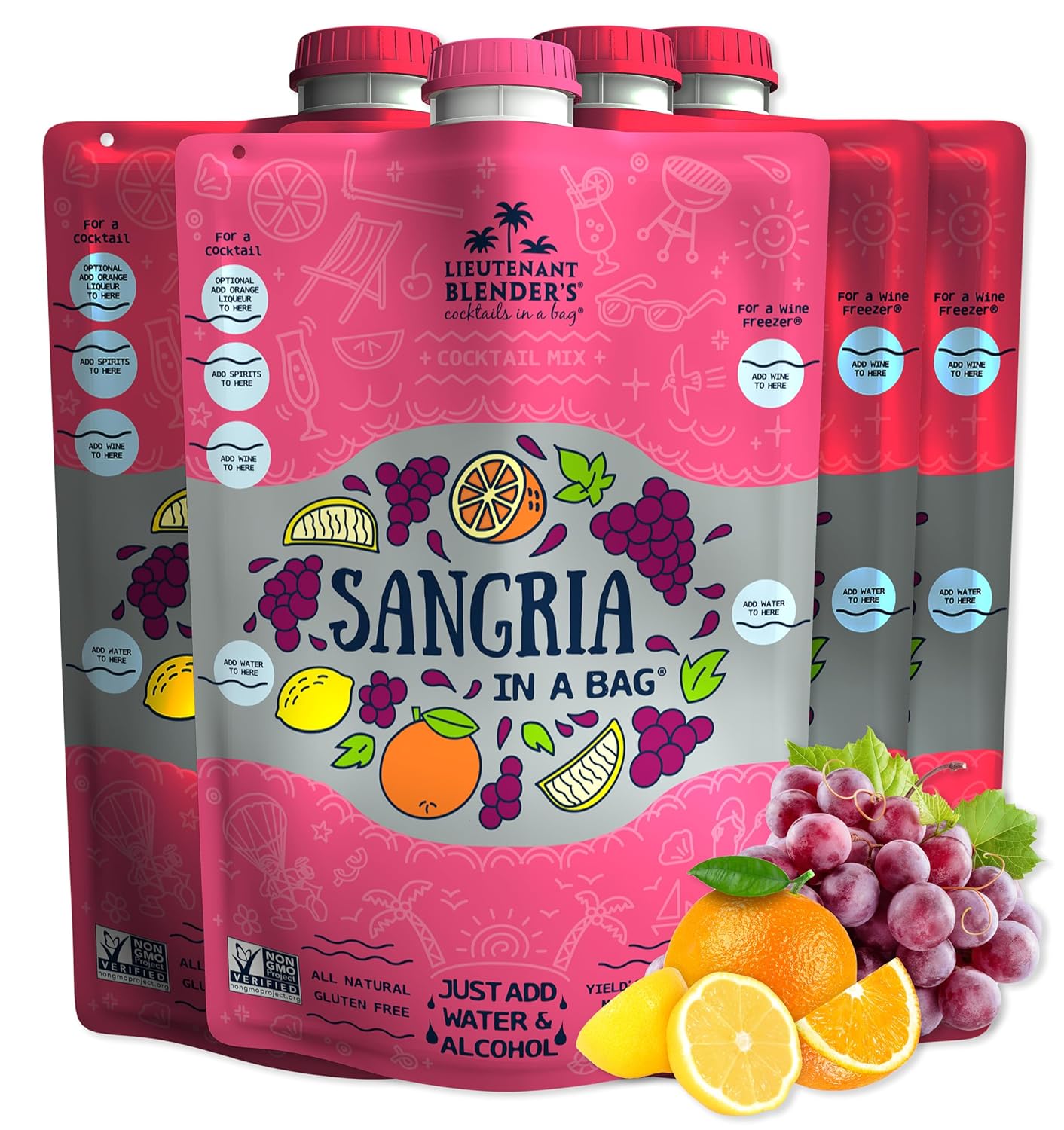 Lt. Blender&#39;s Sangria in a Bag – Wine Slushie Mixes - Each Bag Makes 1/2 Gallon of Frozen Red Sangria Mix – Non-GMO Wine Freezer Mix - Make with Wine, Liquor or as a Mocktail - (Pack of 4)