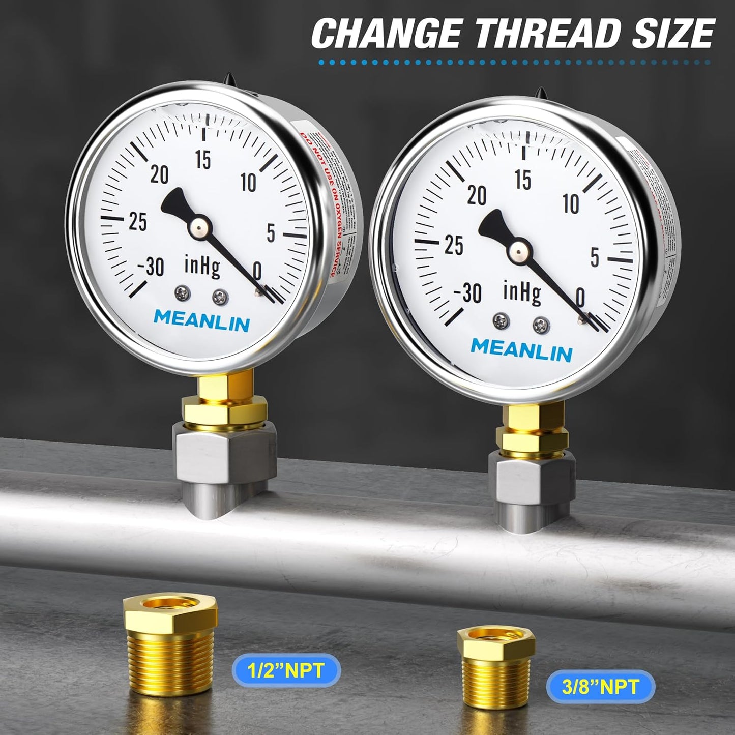 MEANLIN MEASURE -30~0Psi Stainless Steel 1/4" NPT 2.5" FACE DIAL,Vacuum Liquid Filled Pressure Gauge,Single Scale, WOG Water Oil Air Lower Mount, with 1/4" x 1/2" NPT and 1/4" x 3/8" NPT Hex Bushing