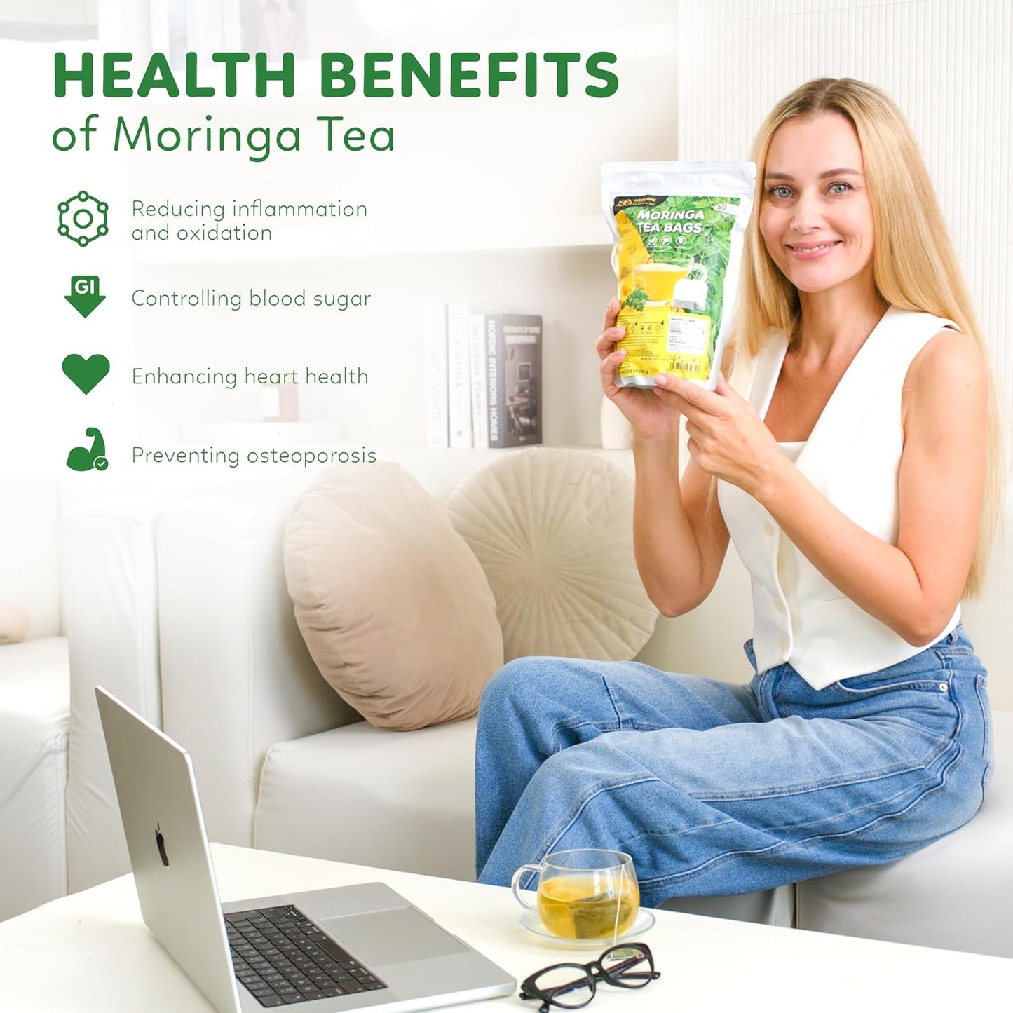Indochine Blends, 50 Tea Bags, Hibiscus Tea Bags for High Blood Pressure, Herbal Tea Bags, Caffeine-Free, No Sugar, Vegan, Supports Heart Health and Relaxation, Loose Hibiscus Flowers, All Natural Hibiscus Flowers Ingredients (50 Tea Bags, Moringa Tea)