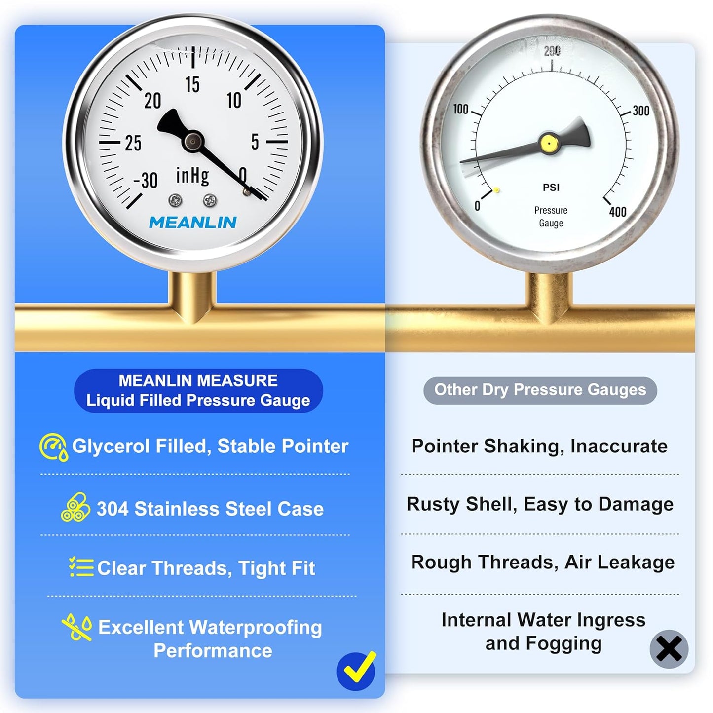 MEANLIN MEASURE -30inHG~0Psi Stainless Steel 1/4" NPT 2.5" FACE DIAL,Vacuum Liquid Filled Pressure Gauge,Single Scale, WOG Water Oil Air, Back Mount, with 1/2" NPT and 3/8" NPT Hex Bushing