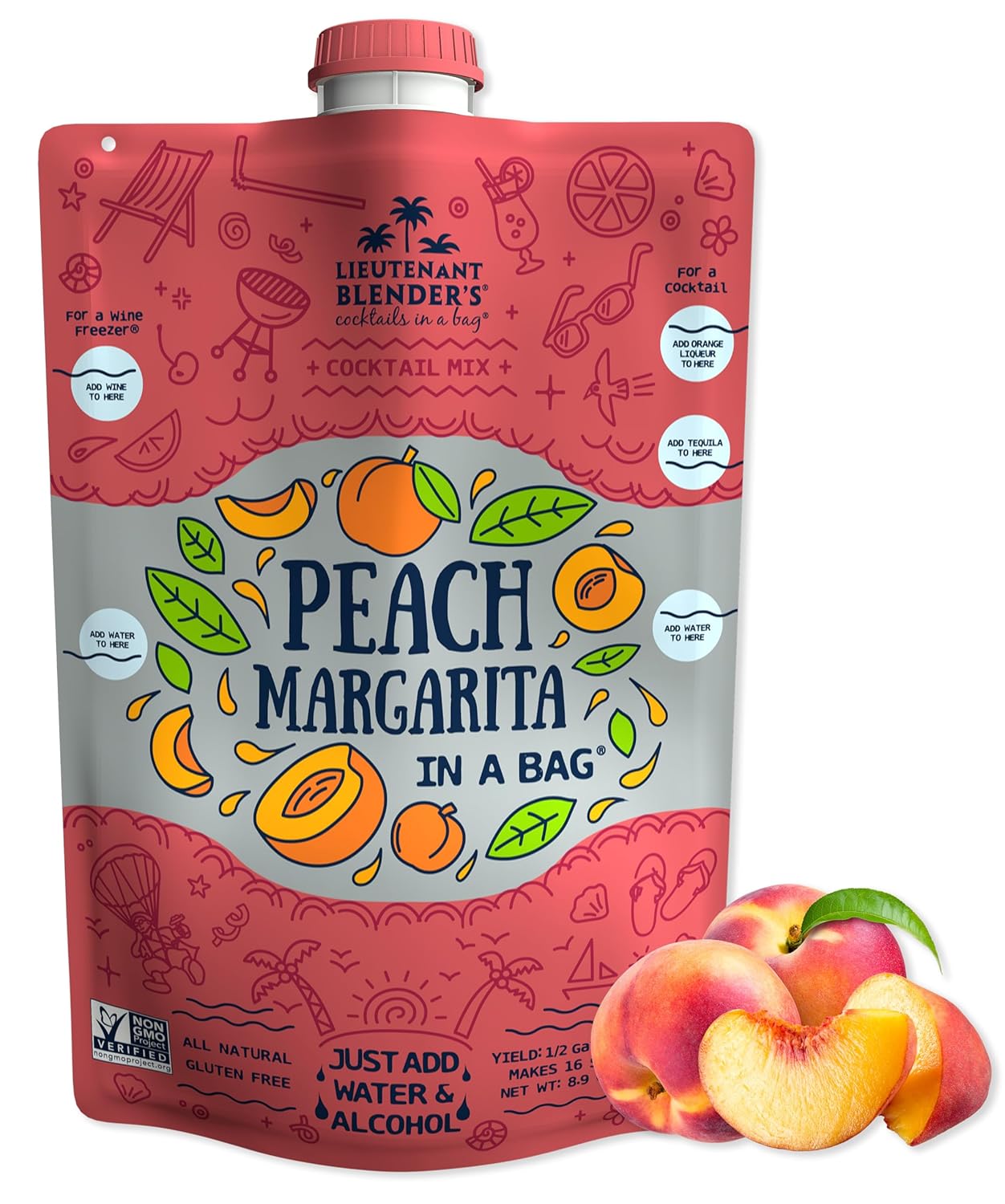 Lt. Blender's Peach Margarita in a Bag - Peach Margarita Mix - Each Bag Makes 1/2 Gallon - Non-GMO Cocktail Mix - No Blender Needed - Add Liquor, Wine or as a Mocktail (Pack of 1)