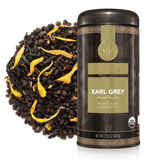Teabloom Organic Black Tea, Earl Grey Private Garden Loose Leaf Tea, Classic Assam Whole Leaf Blend, USDA Certified Organic, Kosher Certified, 3.53 Ounce Loose Leaf Tea Canister Makes 35-50 Cups