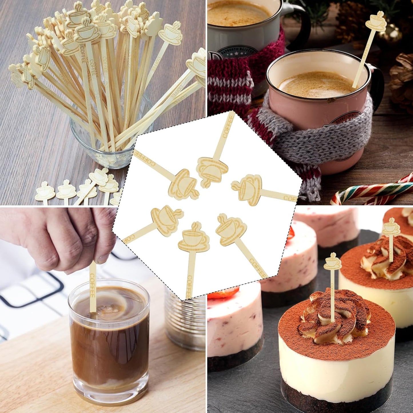 60Pcs Coffee Stirrers-7Inch Natural Bamboo Stir Sticks Beverage Mixer with Coffee Ends Disposable Environmentally Friendly Biodegradable Cafe Grade Stir Sticks for Cocktails Milk Tea Hot & Cold Drinks