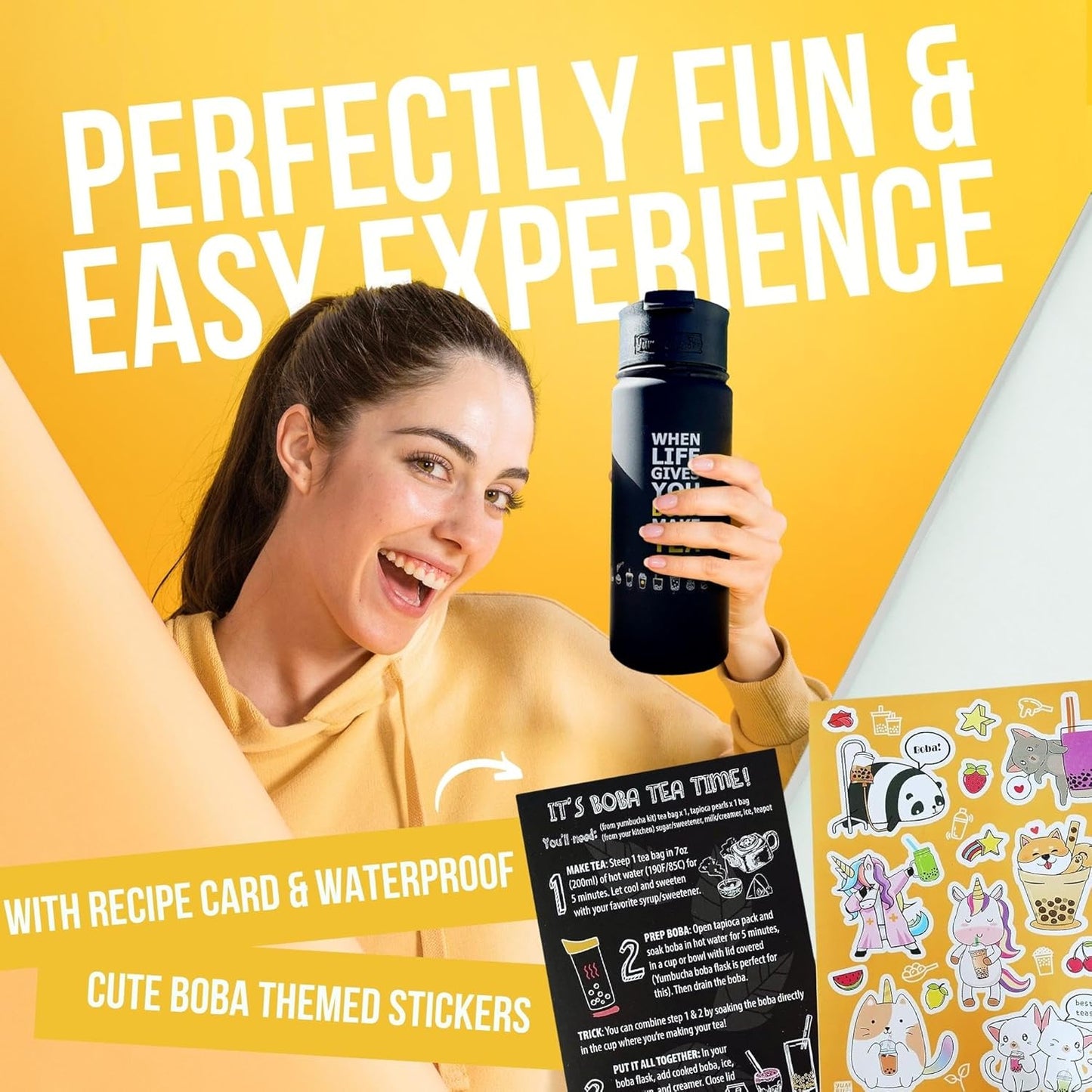 YUMBUCHA Boba Kit Set - DIY Bubble Tea - 20 Drinks - Reusable Stainless Steel Flask & Straw, Brown Sugar Tapioca Pearls - Exquisite Loose Leaf Teabags - Strawberry Oolong and White Peach Oolong Tea