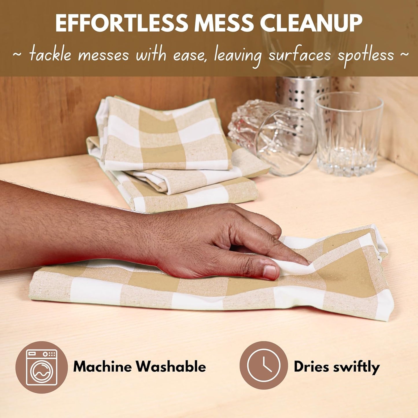 Native Fab 6 Pack Buffalo Check Kitchen Towels16 x26 - Cotton Dish Towels Washable - Absorbent Tea Towels, Soft Hand Towel with Hanging Loop, Dish Cloth Set - Beige White