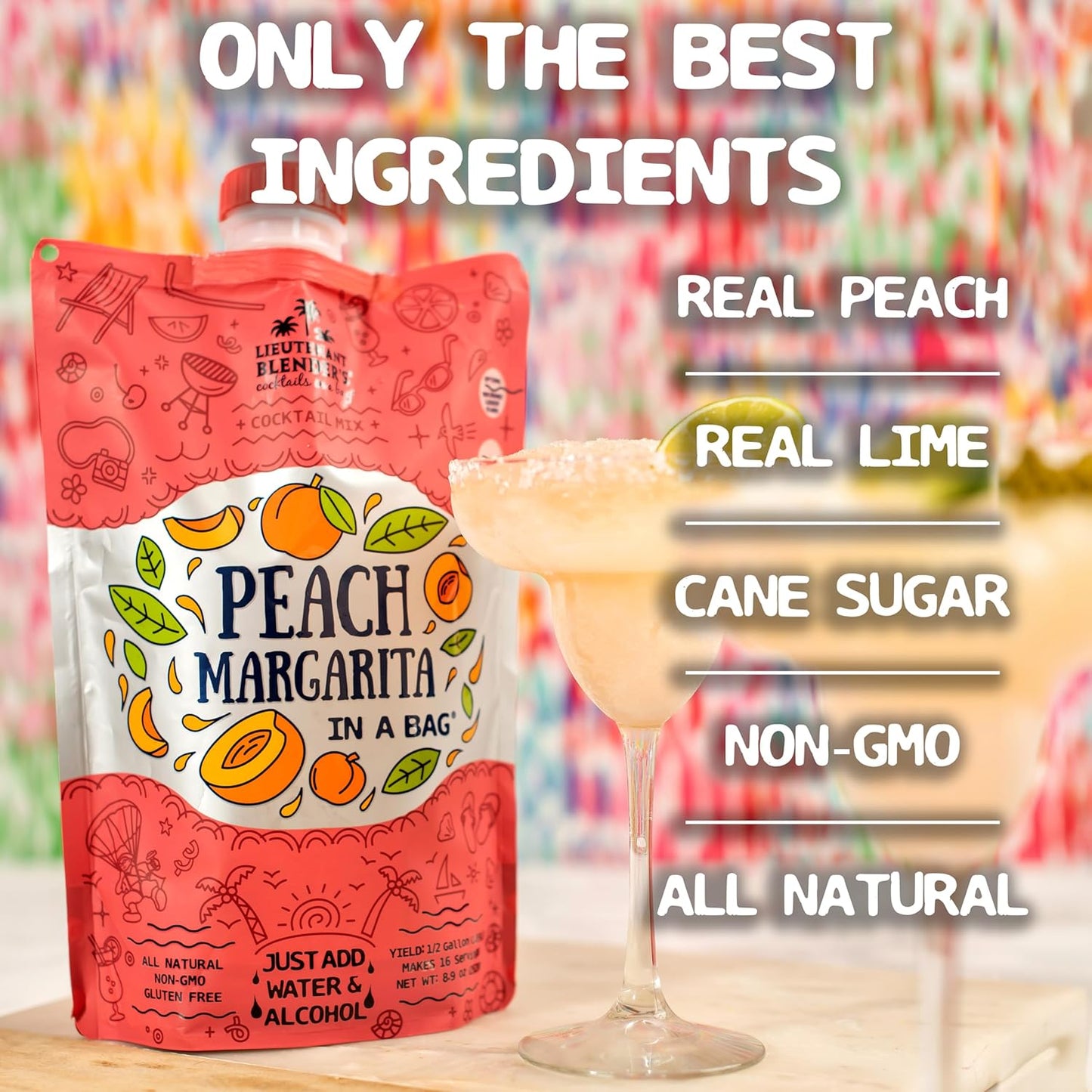 Lt. Blender's Peach Margarita in a Bag - Peach Margarita Mix - Each Bag Makes 1/2 Gallon - Non-GMO Cocktail Mix - No Blender Needed - Add Liquor, Wine or as a Mocktail (Pack of 1)