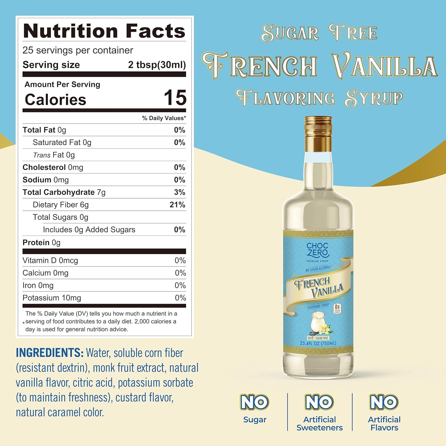 ChocZero French Vanilla Coffee Syrup – Sugar Free Coffee Flavoring, Keto Friendly, Low Carb, No Sugar Alcohols – Vegan, Gluten Free, Non-GMO – 25.4 Fluid Ounces