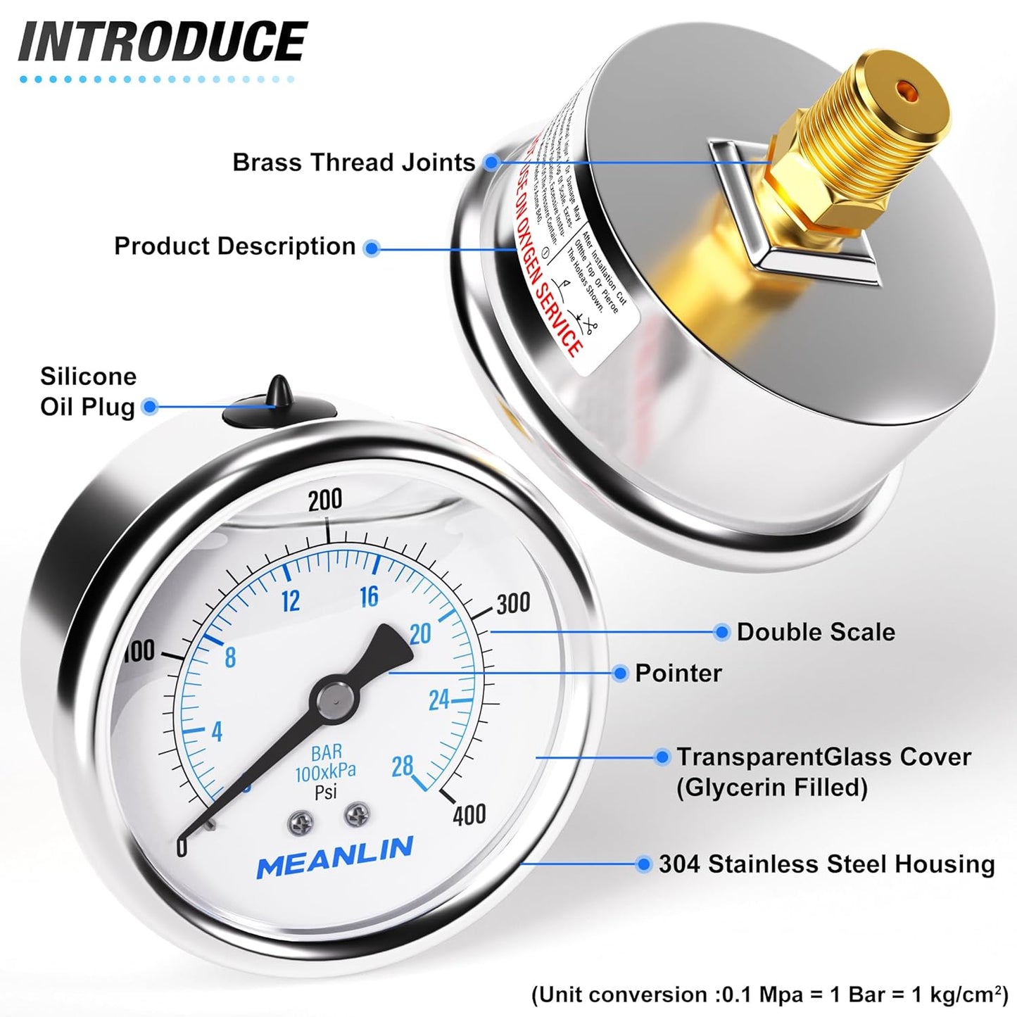 MEANLIN MEASURE 0~400Psi Stainless Steel 1/4" NPT 2.5" FACE DIAL Liquid Filled Pressure Gauge WOG Water Oil Air Center Back Mount, with 1/4" x 1/2" NPT and 1/4" x 3/8" NPT Hex Bushing