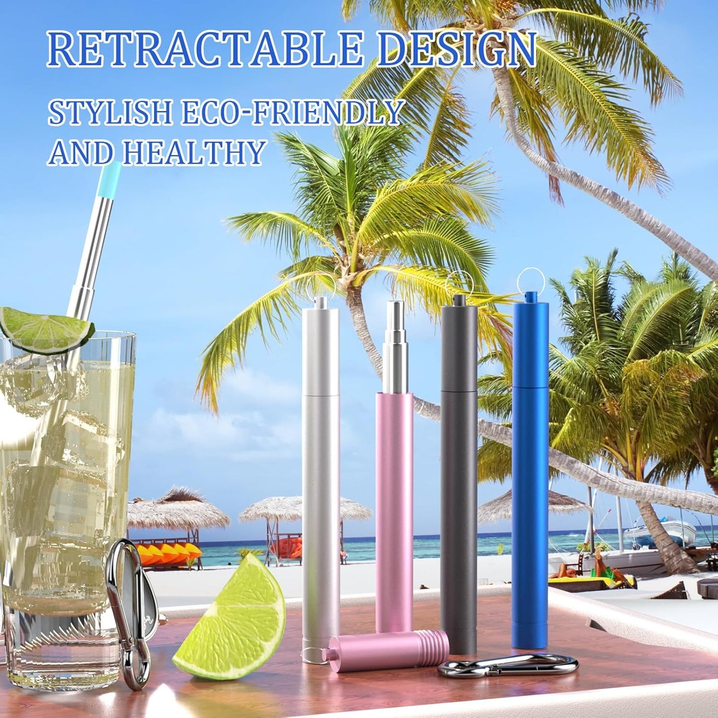 4 Pack Reusable Metal Straws Collapsible Stainless Steel Drinking Straw Travel Portable Telescopic Straw with Case for Cruise Ship Essentials Black-Rose Gold-Silver-Turquoise