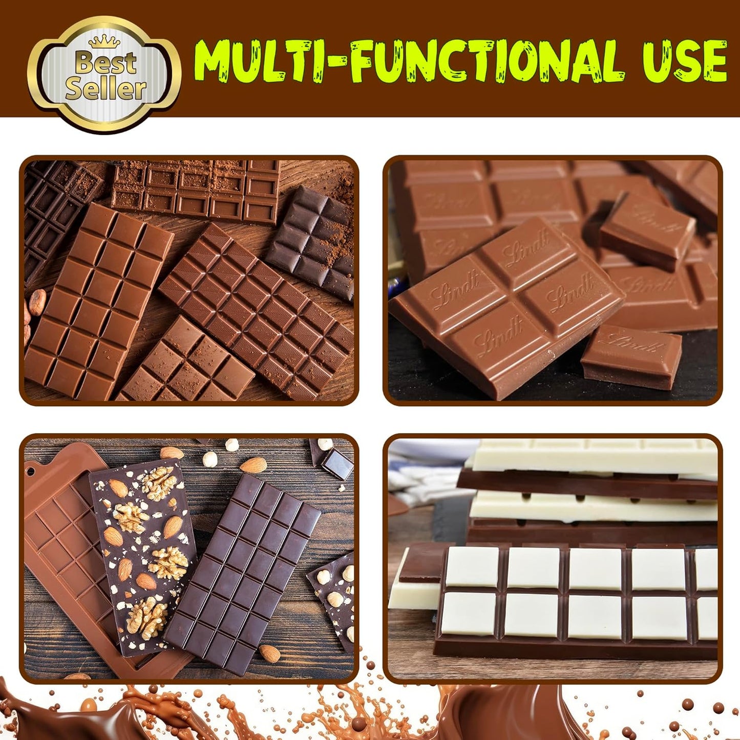 Break-Apart Chocolate Molds, Non-Stick Silicone Chocolate Bar Mold, Food Grade Candy Bar Mold, Perfect for Energy Bar, Cocoa Mini Bar - 4 Pack