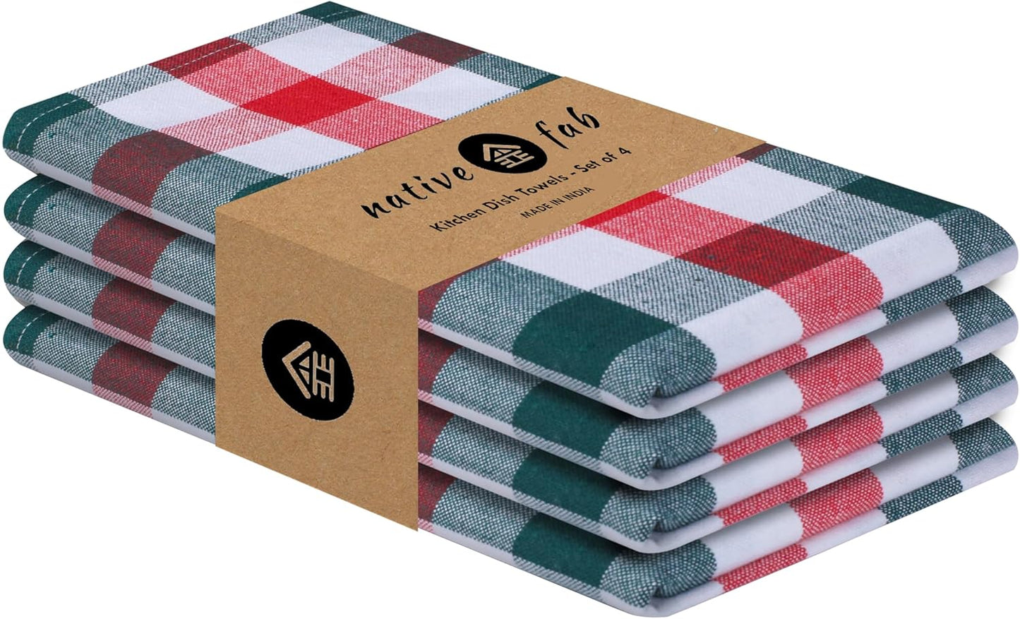 Native Fab Gingham Check Kitchen Towels 4 Pack 16x26 Inches - 100% Cotton, Soft, Absorbent Tea Towels & Kitchen Hand Towel for Drying, Cleaning & Reusable Dishcloths Set - Red, Green, White