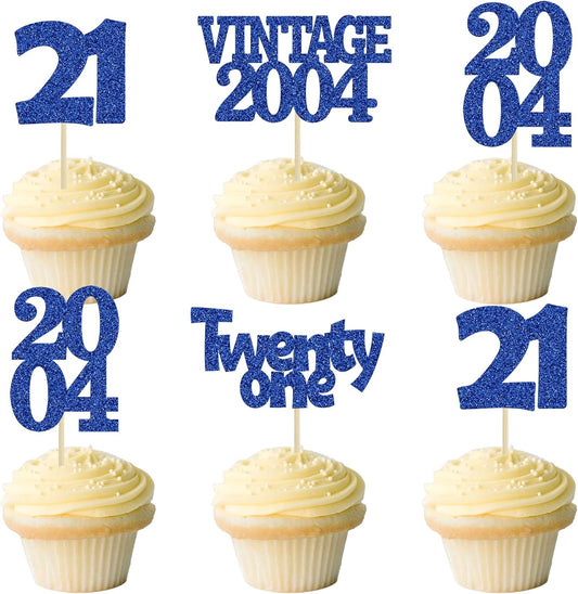 Gyufise 24Pcs 21st Birthday Cupcake Toppers Glitter Twenty-one Vintage 2004 Cheers to 21 Cupcake Picks Birthday Cake Decorations for Happy 21st Anniversary Party Supplies Deep Blue