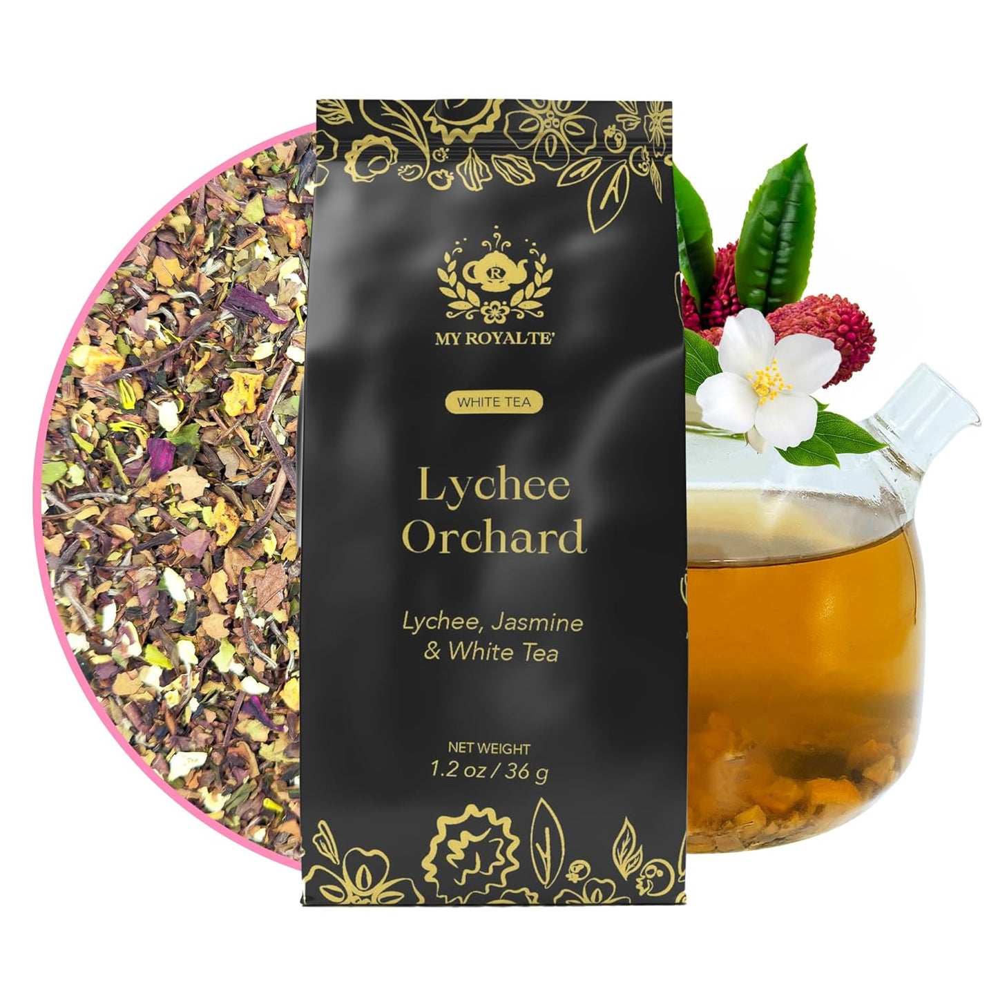 MyRoyalte Exquisite Jasmine Lychee White Tea Blend - 1.3 oz Fragrant White Tea Infused with Sweet Jasmine and Refreshing Lychee Flavors - 100% Natural Tea Gift For Tea Lovers