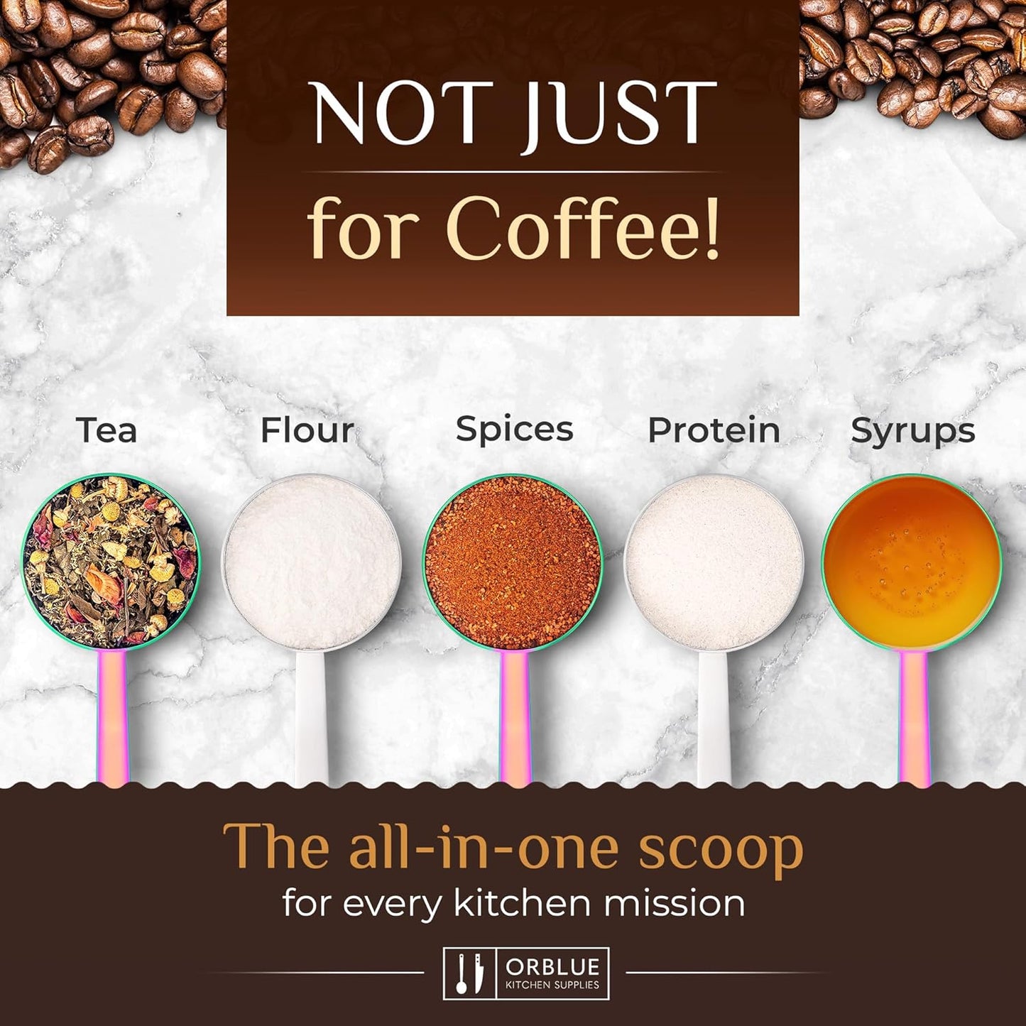 Orblue Premium Coffee Scoop Set - 1 Tbsp (15ml) & 2 Tbsp (30ml) Measuring Tablespoon - Stainless Steel Coffee Measuring Spoon and Scooper with Long Handles - Pack of 2, Light Gold