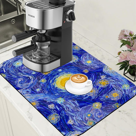 Starry Night Coffee Mat Absorbent Dish Drying Mat for Kitchen Counter Hide Stain Rubber Backed Coffee Bar Accessories Fit Under Espresso Machine Dish Rack, 15.7 x 23.6 Inch