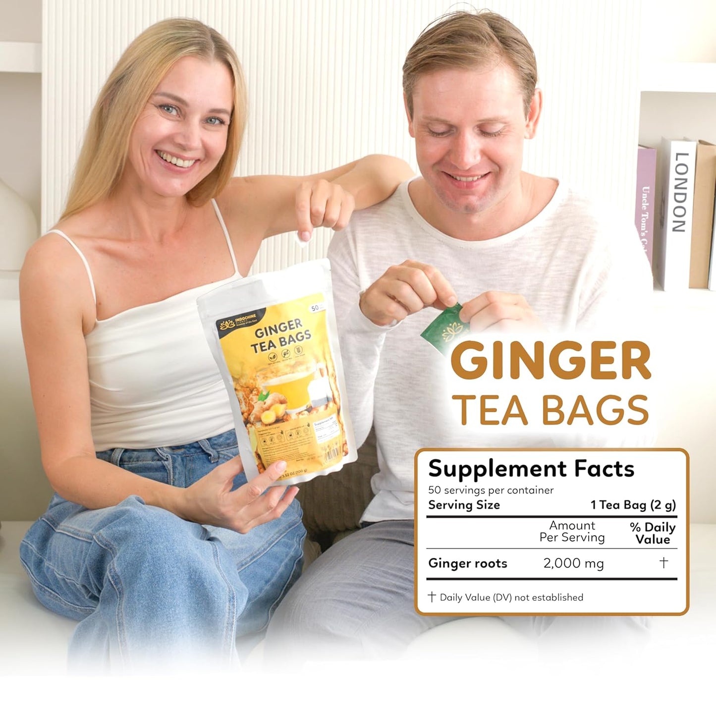 Indochine Blends, Ginger Tea Bags, 50 Teabags, 2g/bag, Individually Wrapped Envelopes, Caffeine-free, No Sugar, Healthy Belly Herbal Tea Supports Digestion & Boosts the Immune System